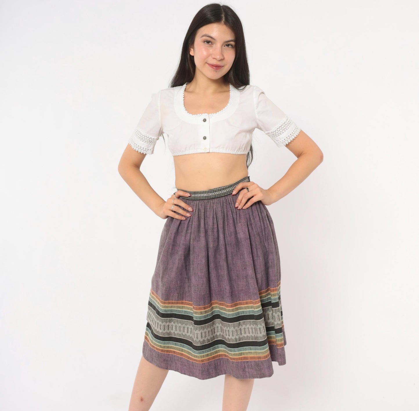1980s Purple Woven Stripe Knee Skirt Cotton Linen Gathered Waist XS