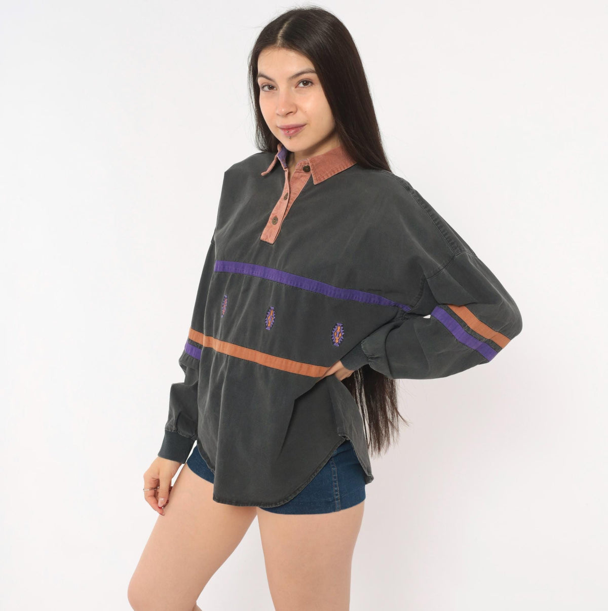 90s Roper Southwestern Rugby Polo Grey Purple Stripe Embroidered Medium M