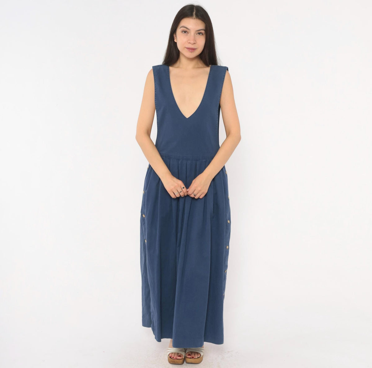 80s Fenwick Navy Cotton Jumper Dress Deep V Maxi Pleated Medium M
