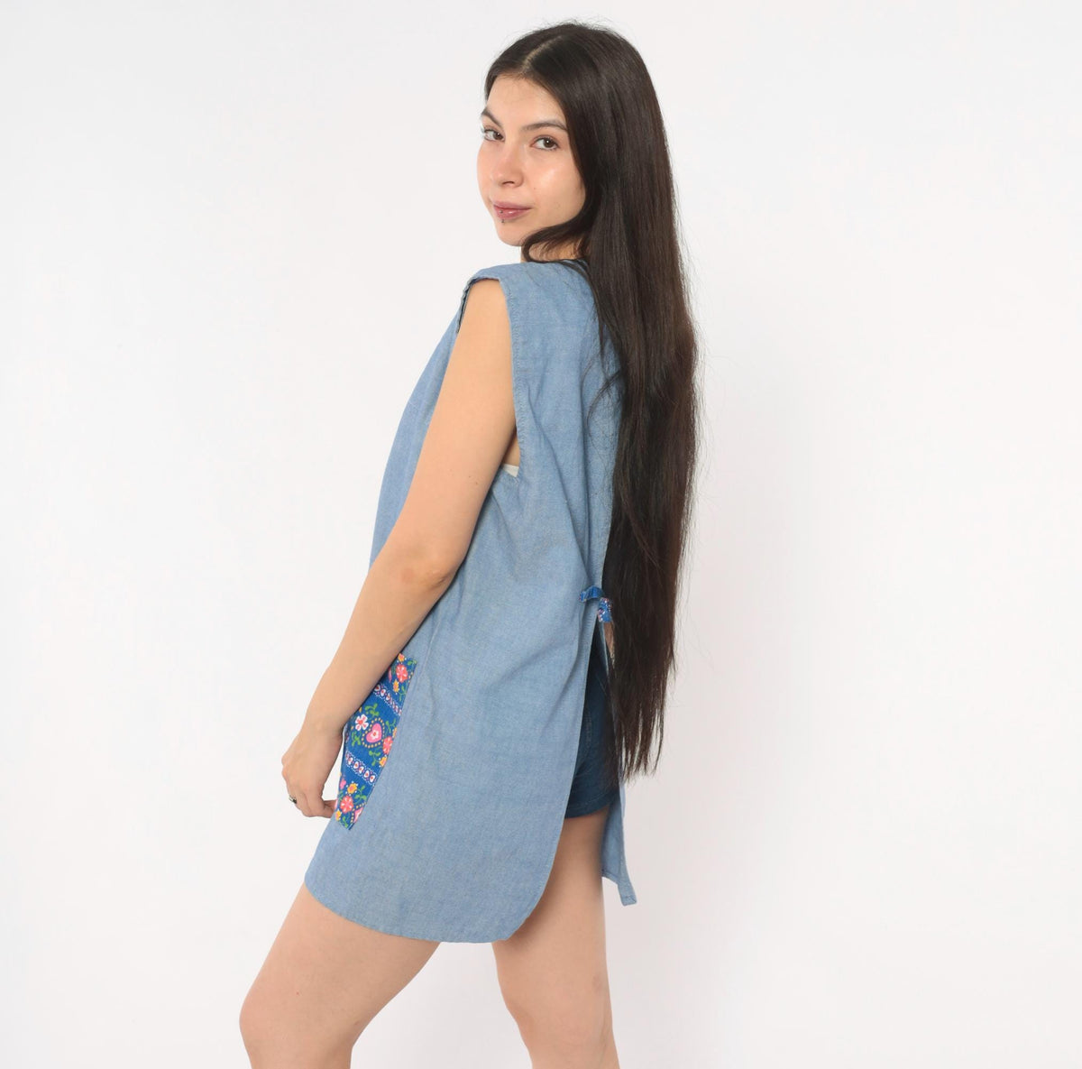 70s Light Blue Chambray Tunic Apron Dress Floral Print Open Back Small