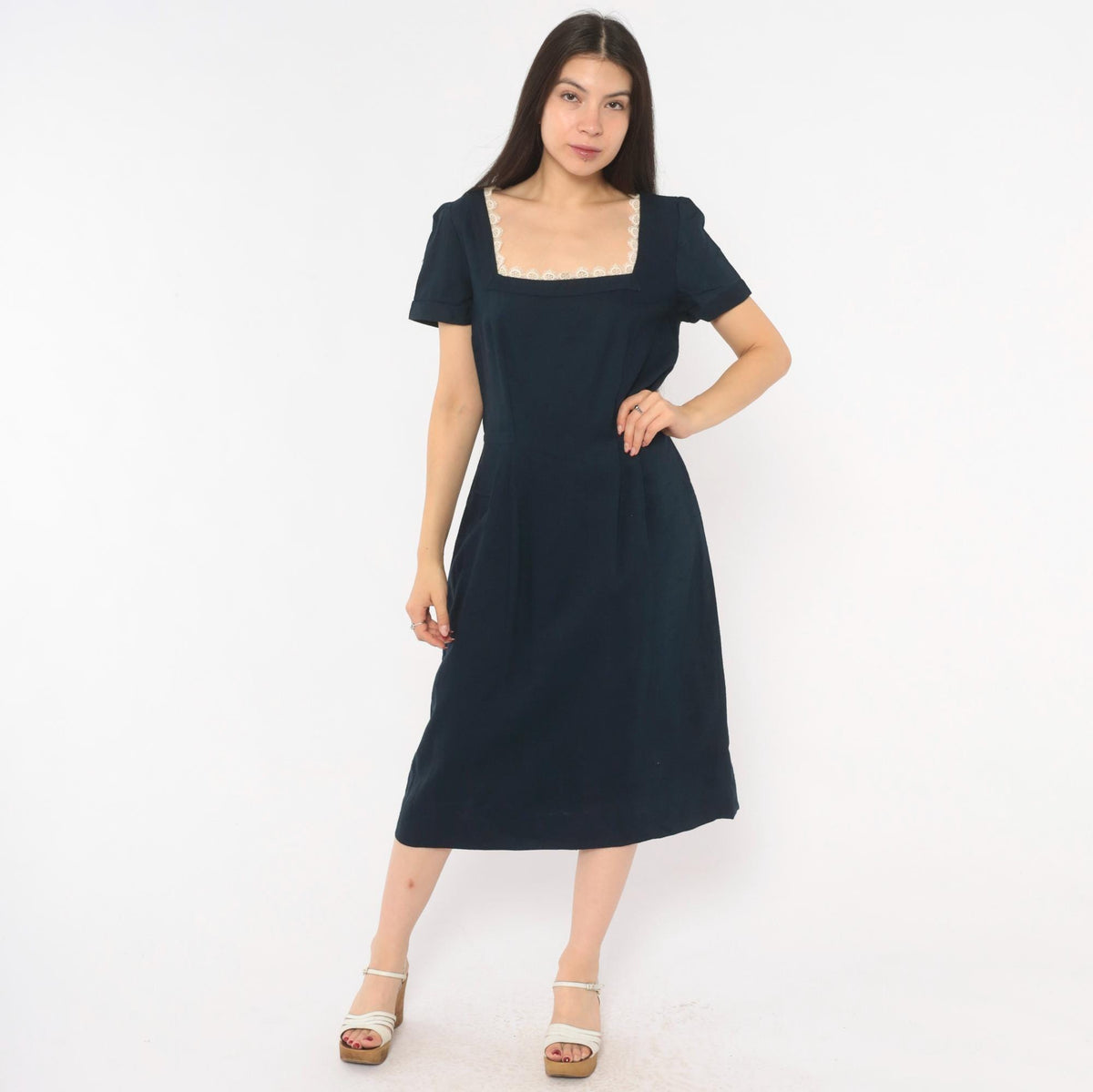 60s Navy Dress Square Neck Lace Trim A-Line Short Sleeve Side Zip Medium M