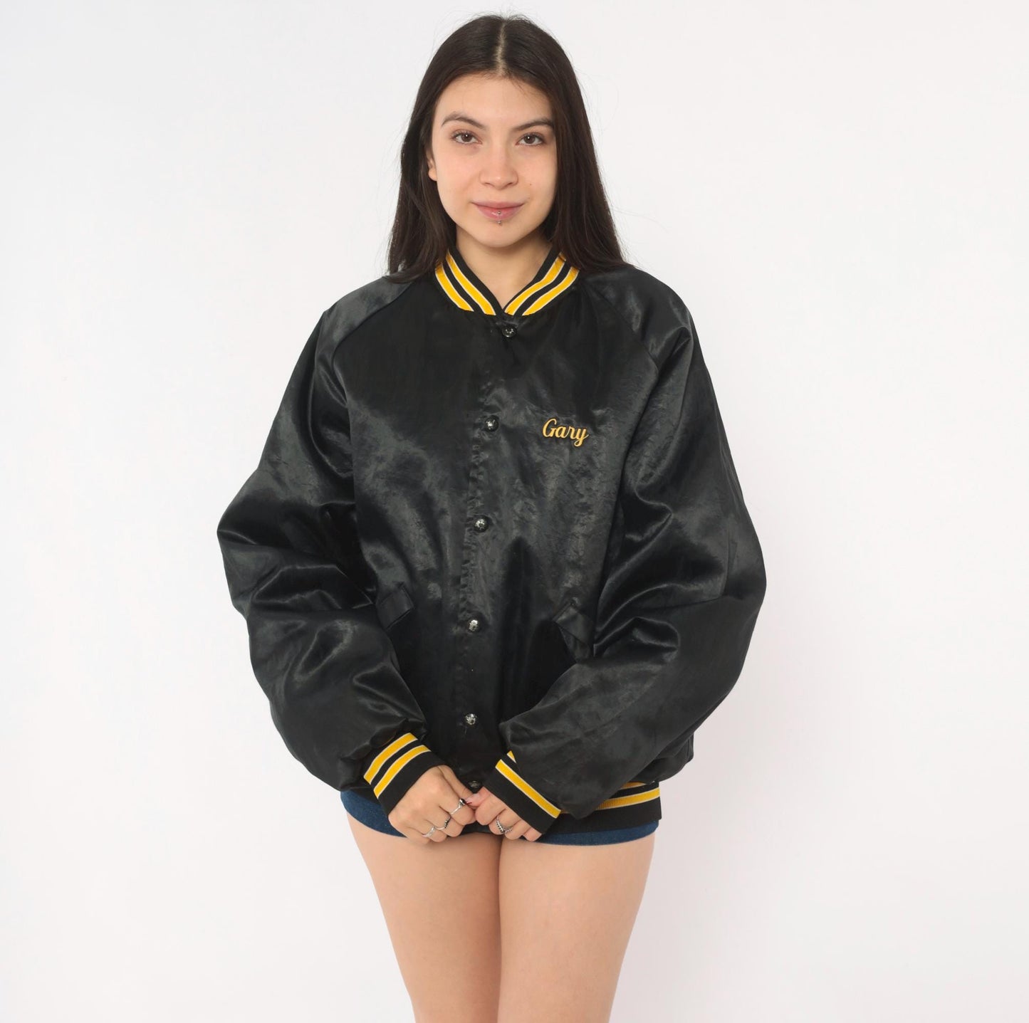 80s King Louie Pro Fit Wyoming Welding Satin Bomber Jacket Black Gold Large L