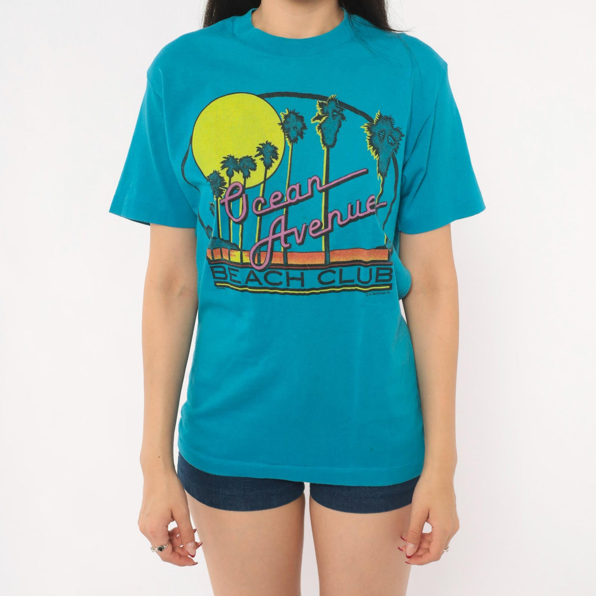 80s Chemise D'Sol Ocean Avenue Beach Club Teal Graphic Tee Palm Tree Sunset Small