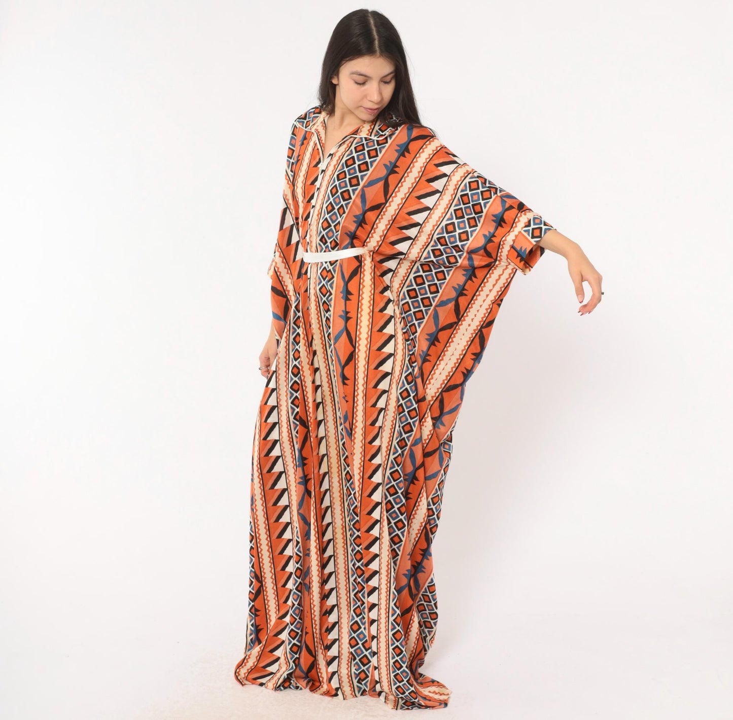 70s Le Voys Aztec Caftan Maxi Dress Orange Cream Blue Geometric Tribal Stripe One Size