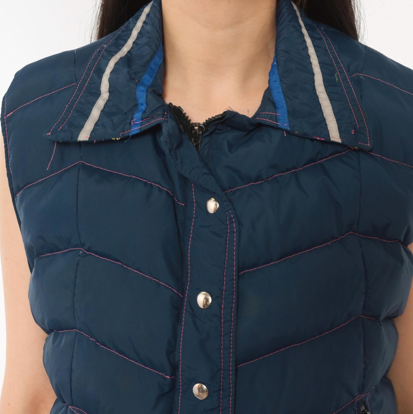 80s Frostline Kit Navy Puffer Vest Chevron Quilted Snap Front Small