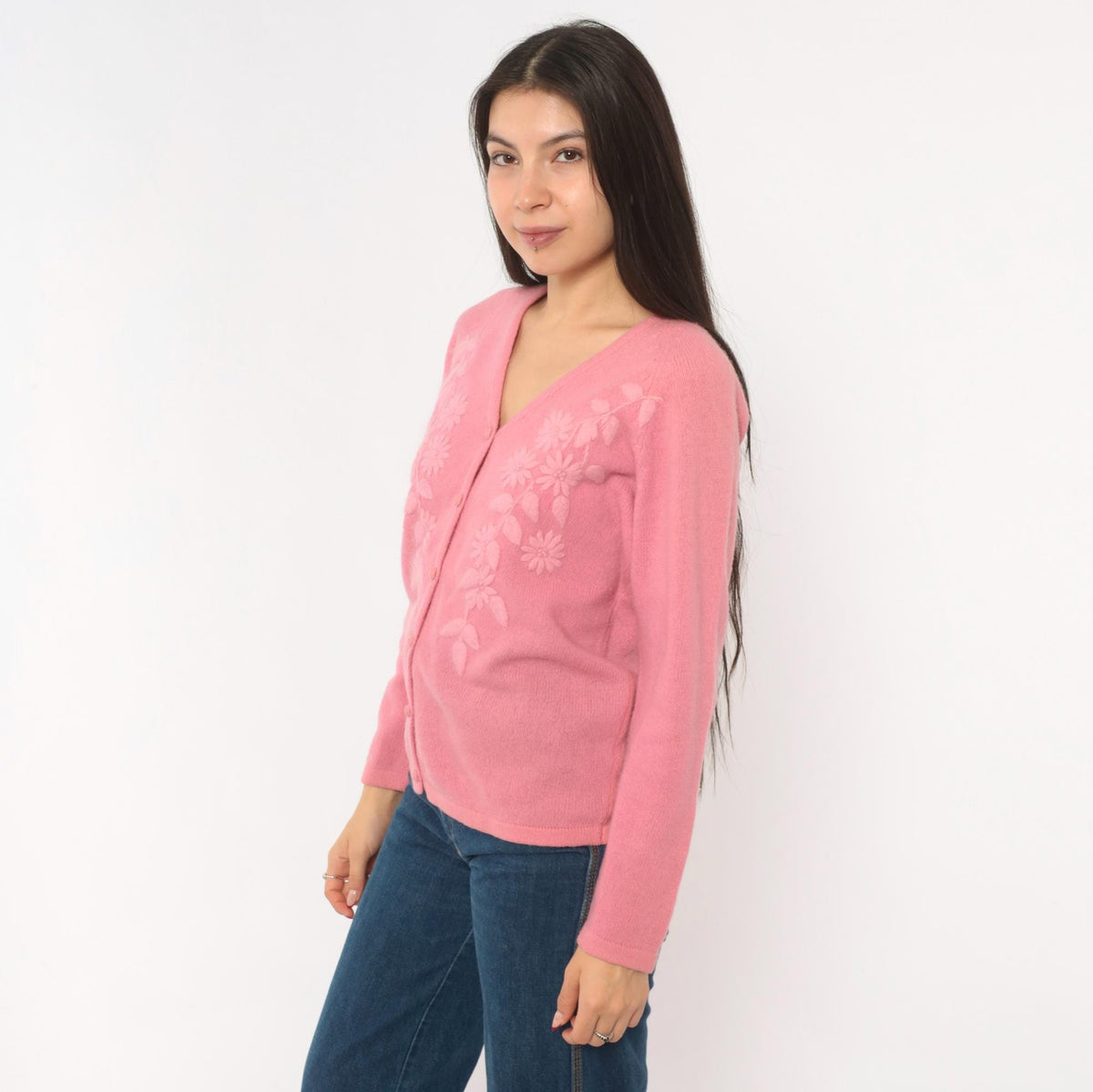 80s NKKC Rose Pink Lambswool Cardigan Floral Embroidered V-Neck Medium M
