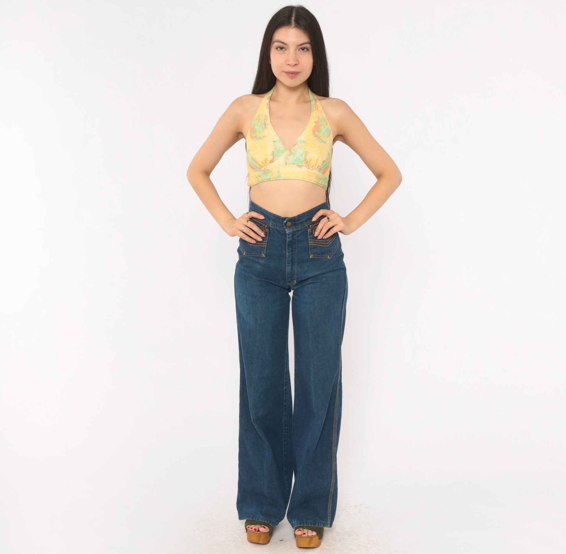 70s Yellow Floral Halter Crop Top Backless Tie Blouse Small