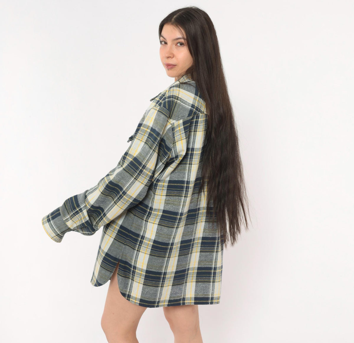 80s Navy Yellow Plaid Flannel Shirt Cotton Button Front Extra Large