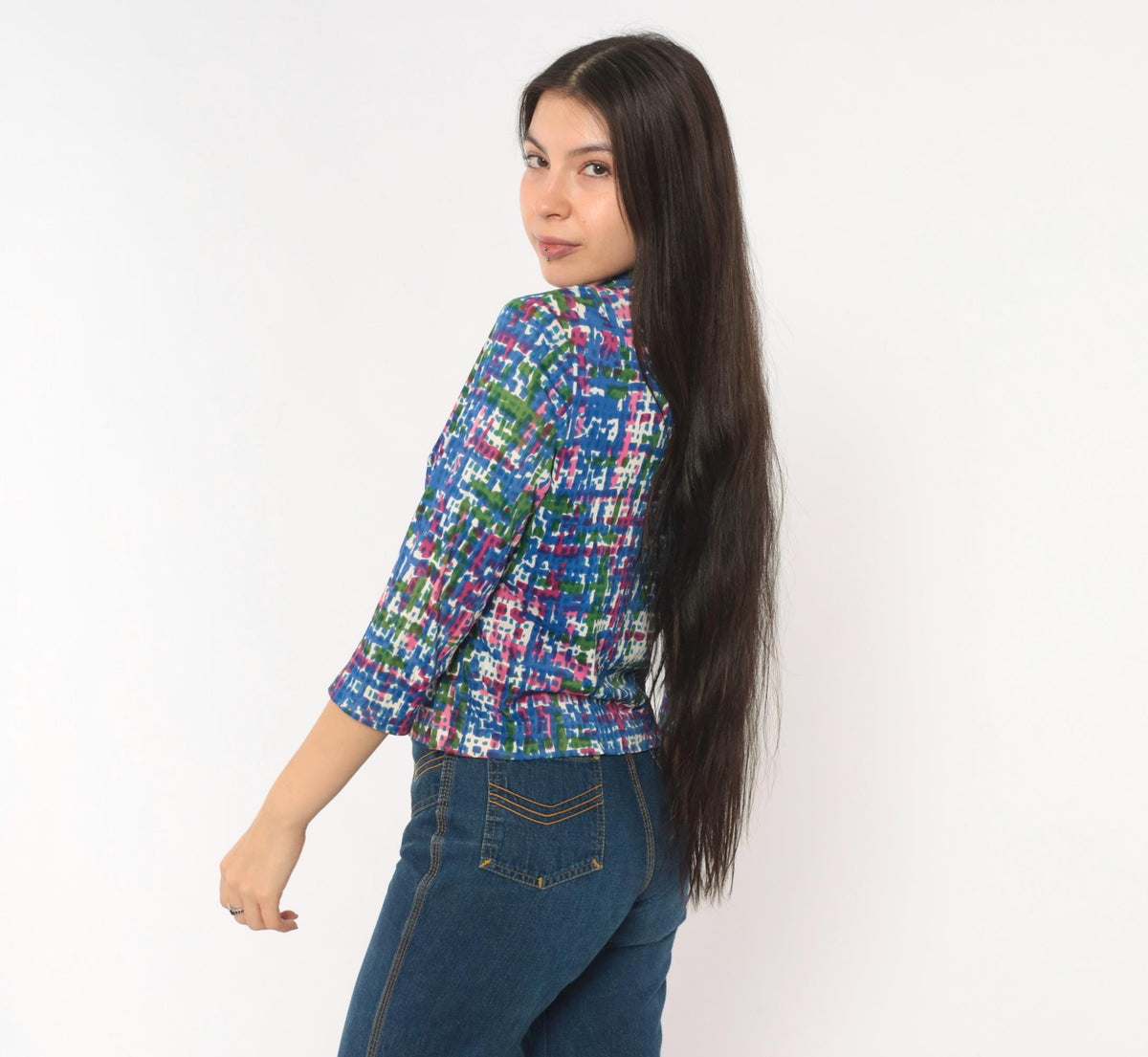 70s Puritan Forever Yours Abstract Crosshatch Blouse Blue Pink Green Small