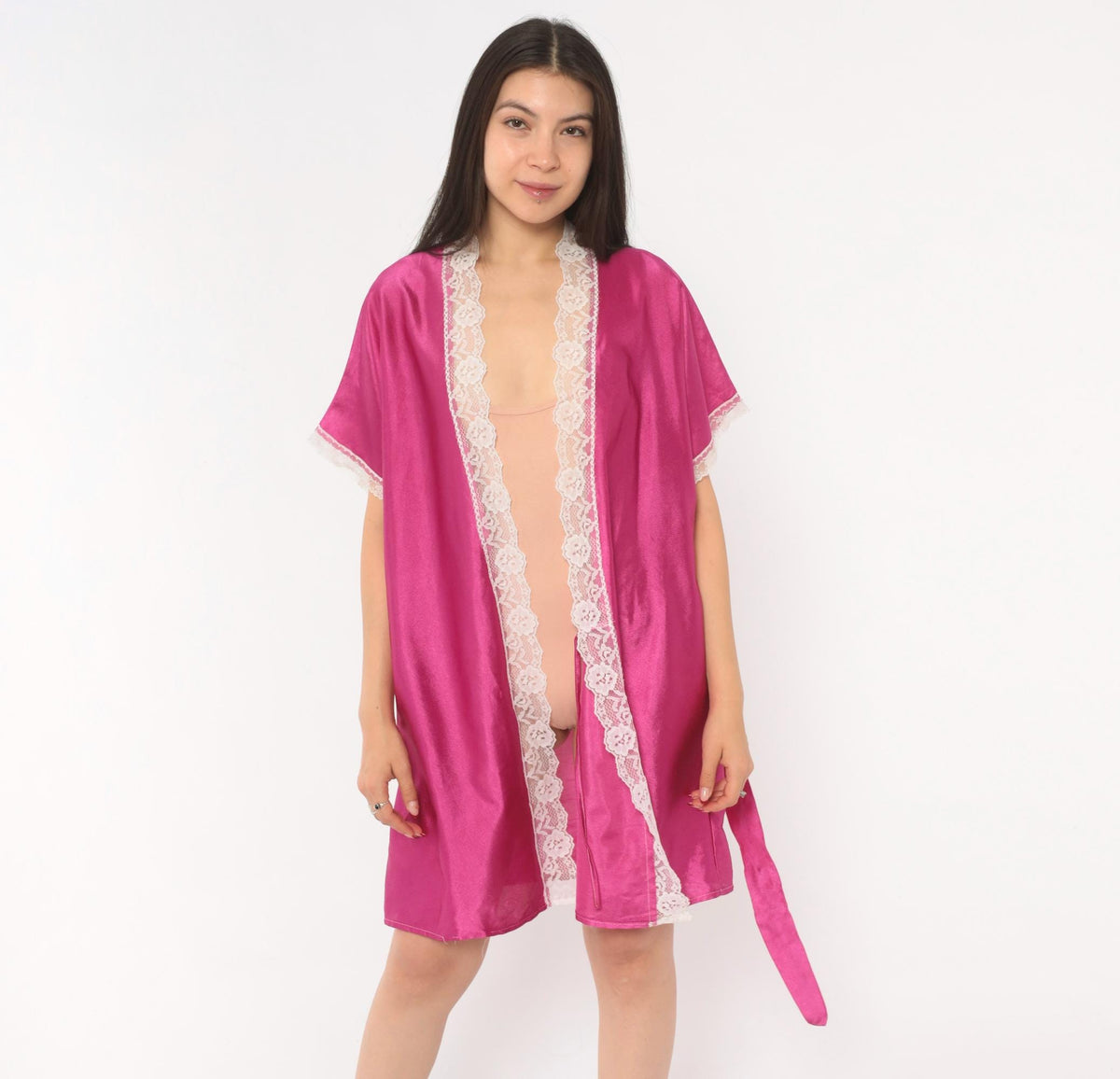 80s Fuchsia Satin Kimono Robe Lace Trim Tie Front Medium Large