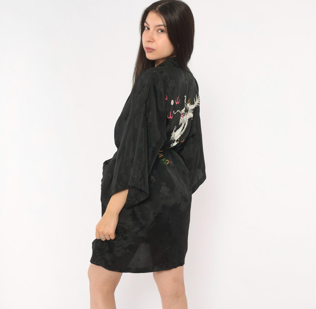 90s Golden Bee Black Satin Kimono Robe Dragon Embroidered Medium M