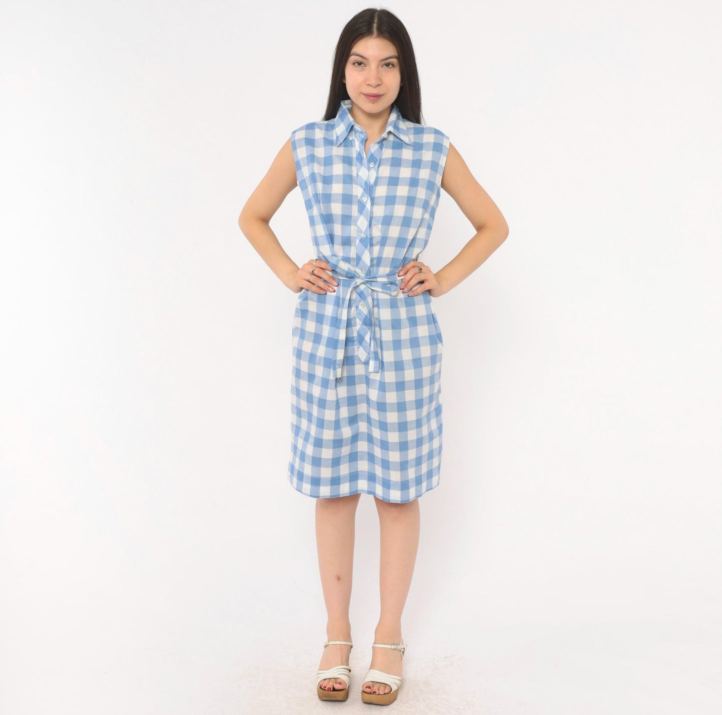 60s Laura Mae Life Gingham Shirt Dress Blue White Check Knee-Length Cotton Medium M