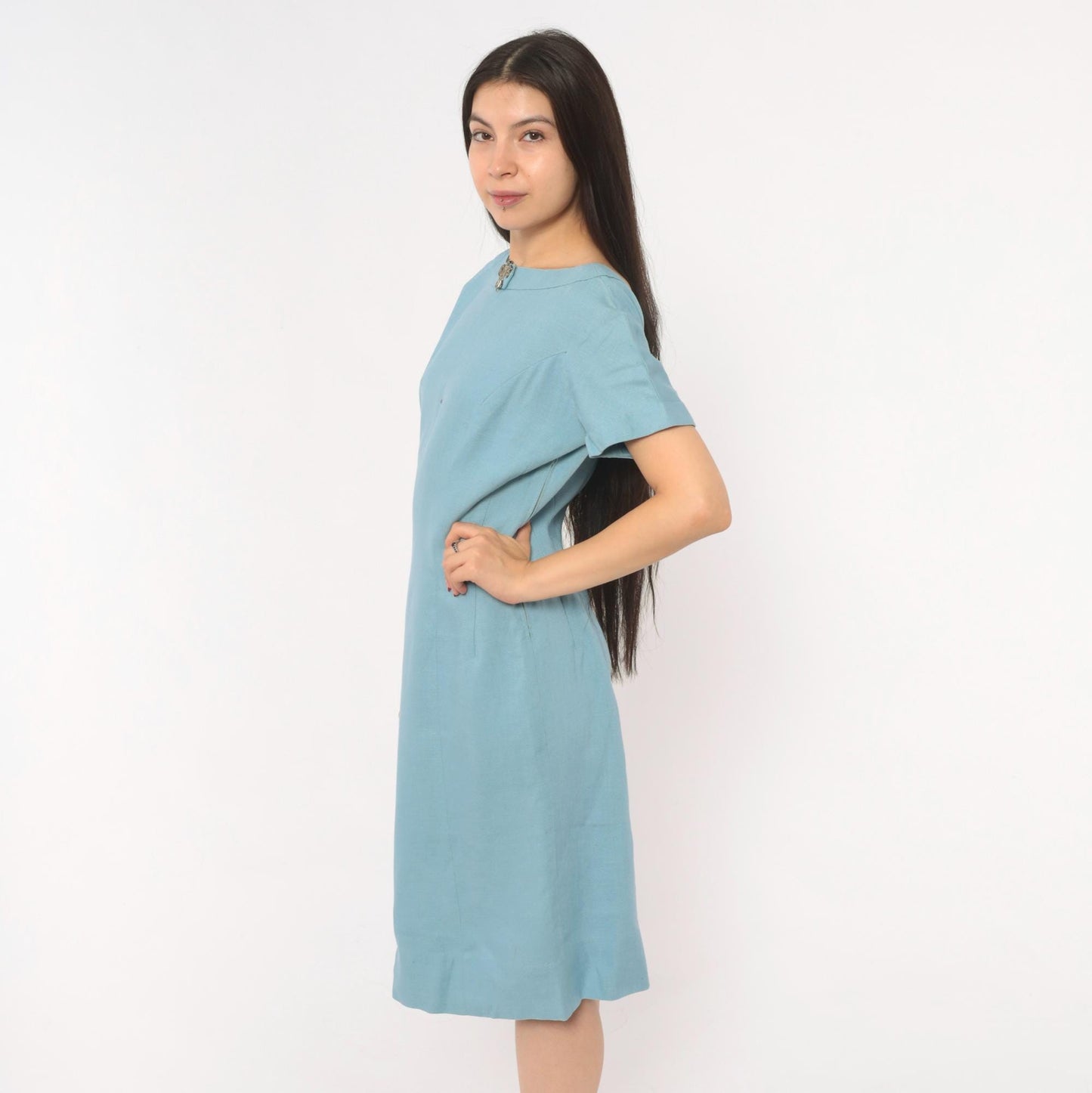 60s Mod Shift Dress Wool Boat Neck Blue Silver Brooch Large L
