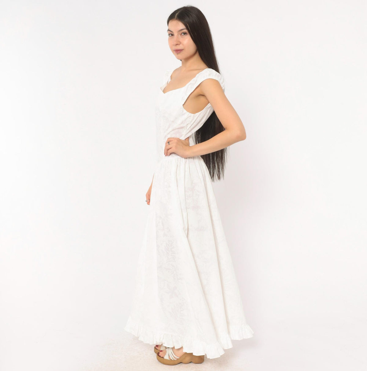 80s White Cotton Maxi Dress Sweetheart Neckline Basque Waist Floral Extra Small