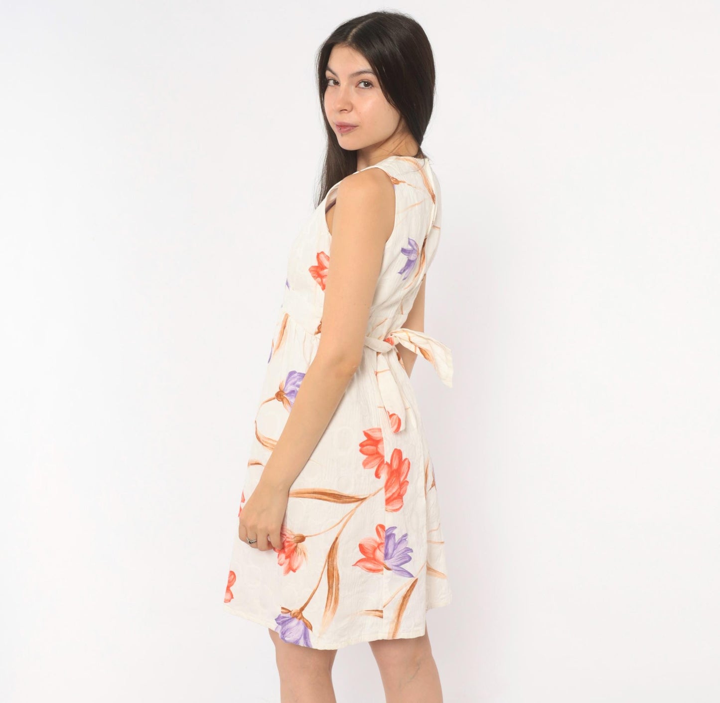 70s Tori Richard Floral Cotton Mini Dress V-Neck Wrap Ivory Small S