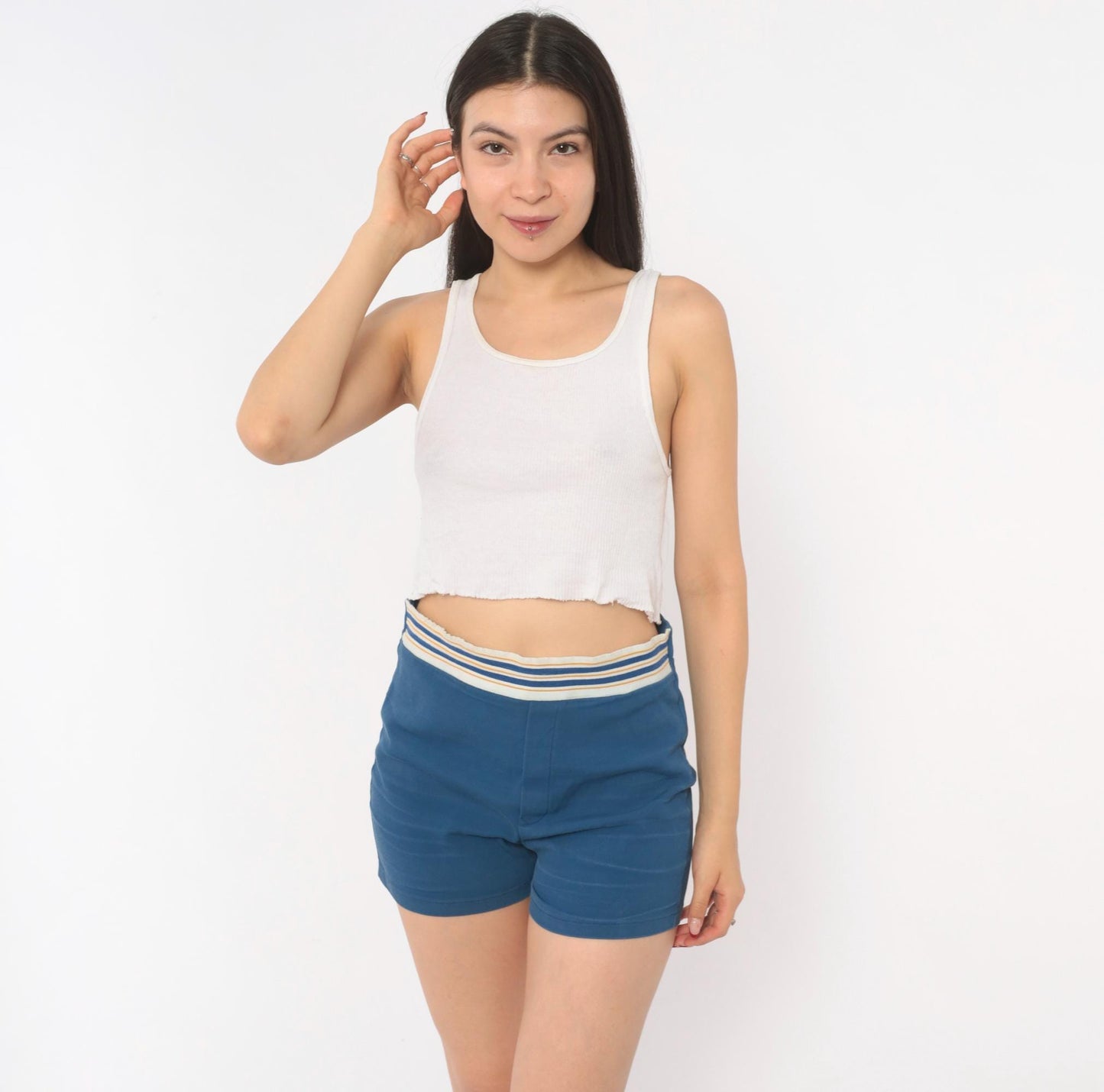 70s Jantzen Striped High-Rise Swim Shorts Navy Blue Small