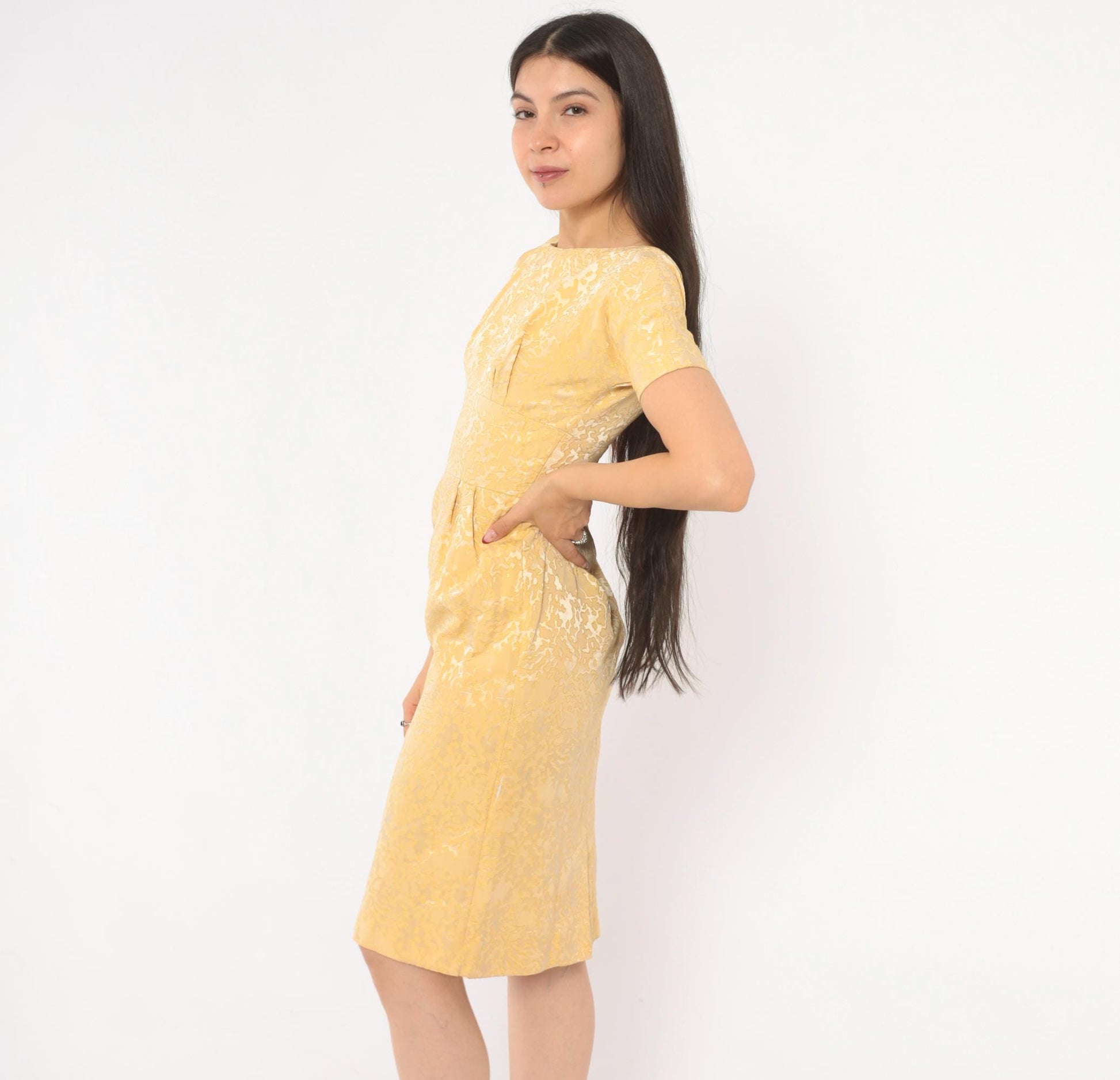 60s Gold Jacquard Sheath Dress Boat Neck Brocade Pencil Skirt Extra Small XS