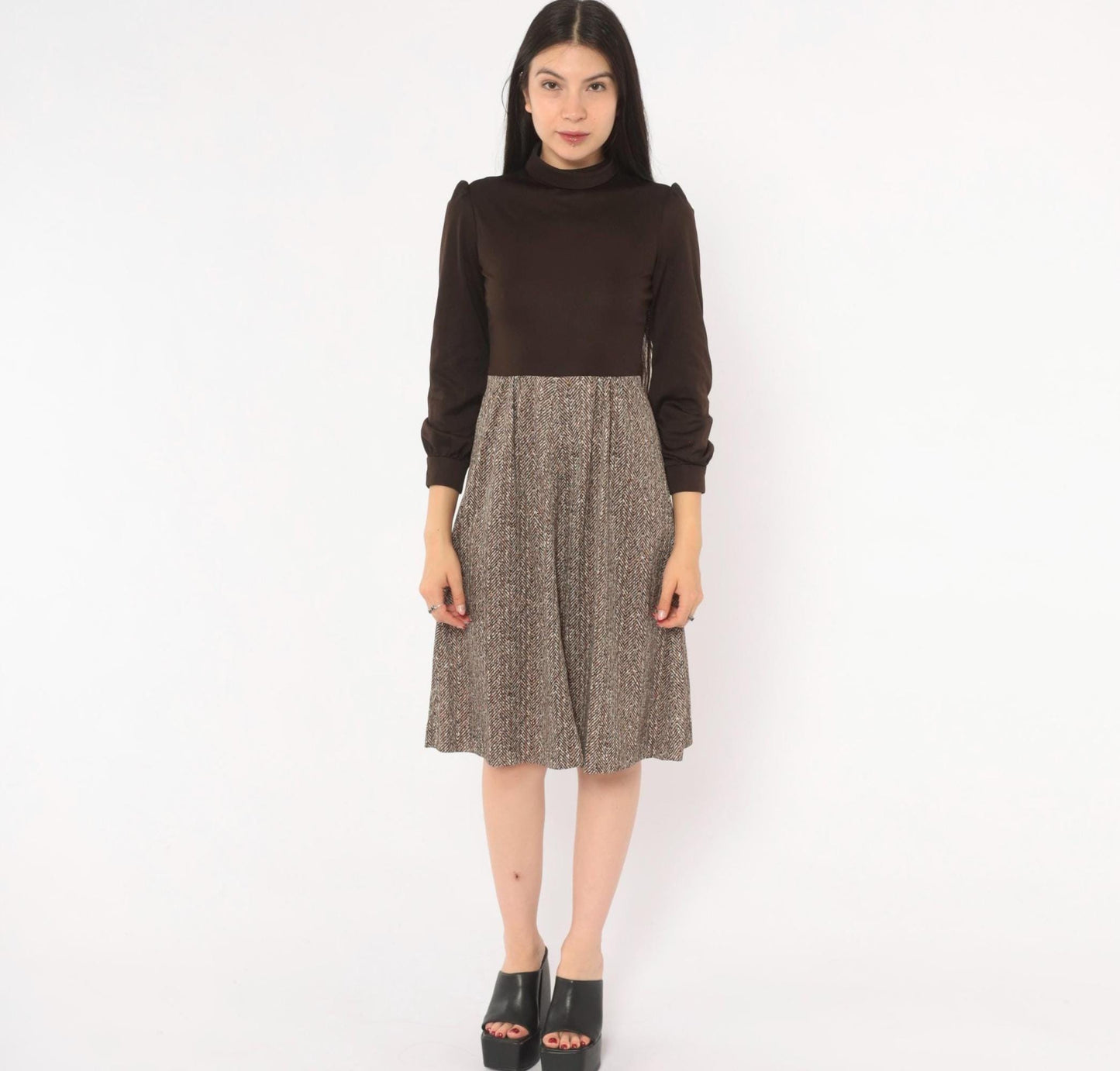 70s Brown Herringbone A-Line Dress Puff Sleeve Turtleneck Extra Small XS