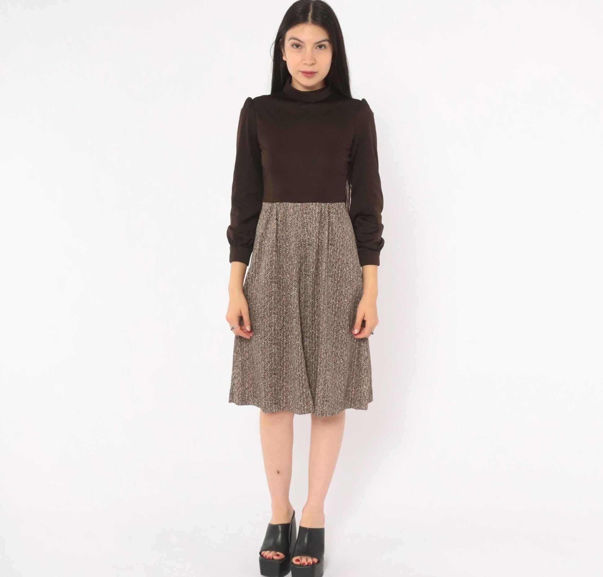 70s Brown Herringbone A-Line Dress Puff Sleeve Turtleneck Extra Small XS