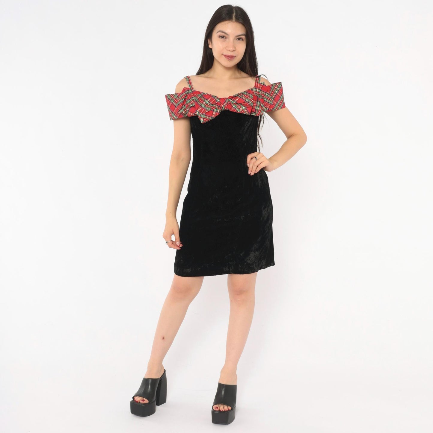 90s Badge Black Crushed Velvet Mini Dress Red Tartan Ruffle Off-Shoulder Extra Small XS