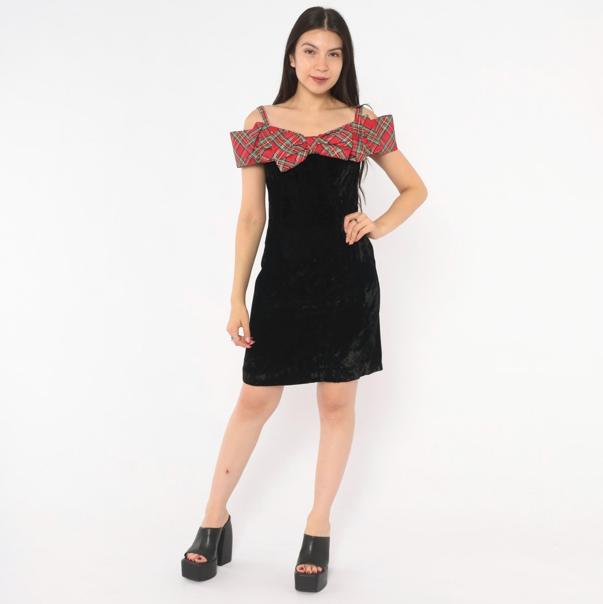90s Badge Black Crushed Velvet Mini Dress Red Tartan Ruffle Off-Shoulder Extra Small XS