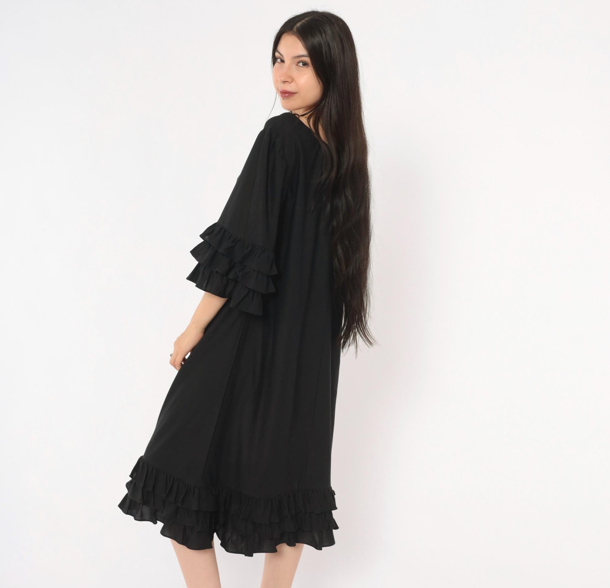 70s Black Midi Dress Ruffle Sleeve Tiered Hem Pullover Large L