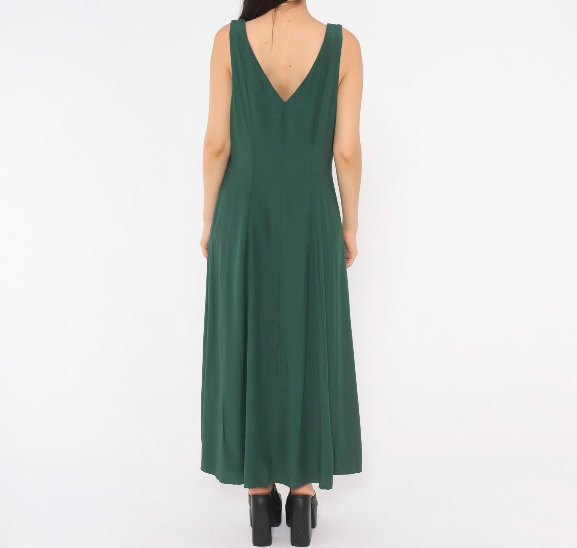 90s Olive Green Maxi Dress Sleeveless V Neck A Line Fitted Waist Medium M