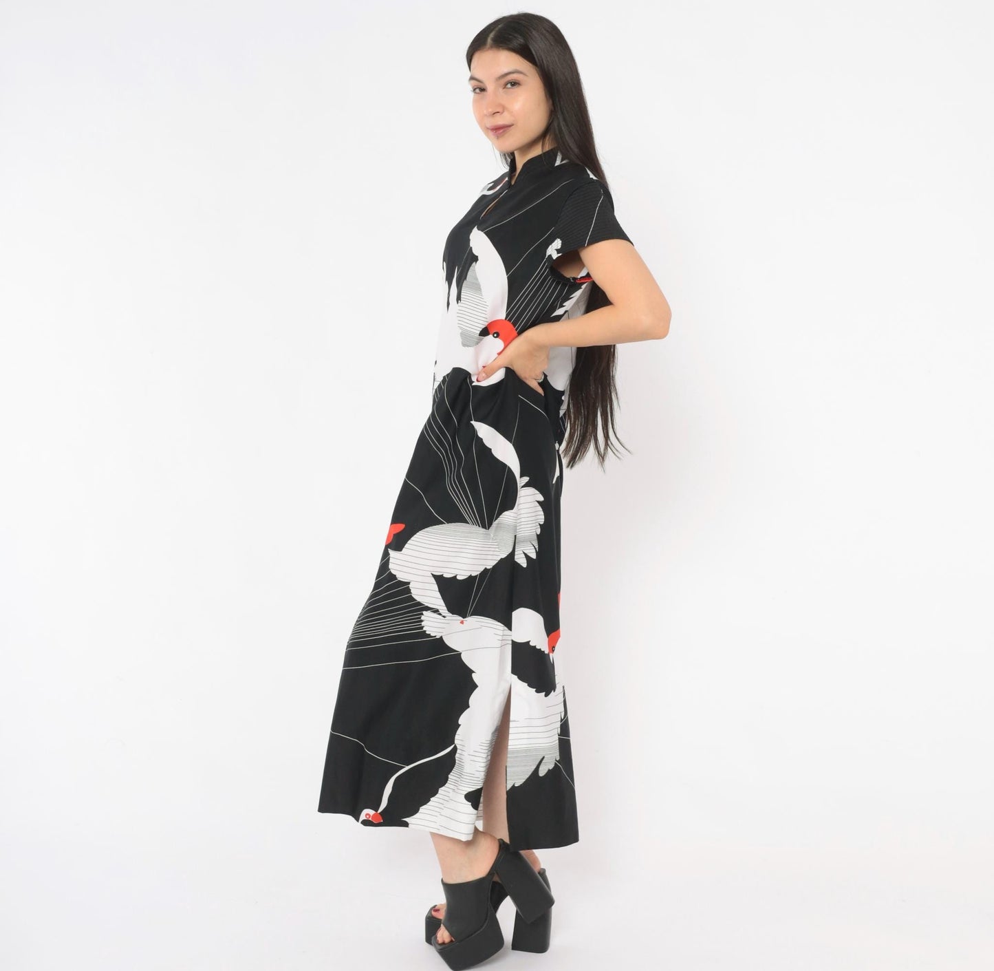 70s Tori Richard Crane Print Maxi Dress Black White Red Mandarin Collar Medium M