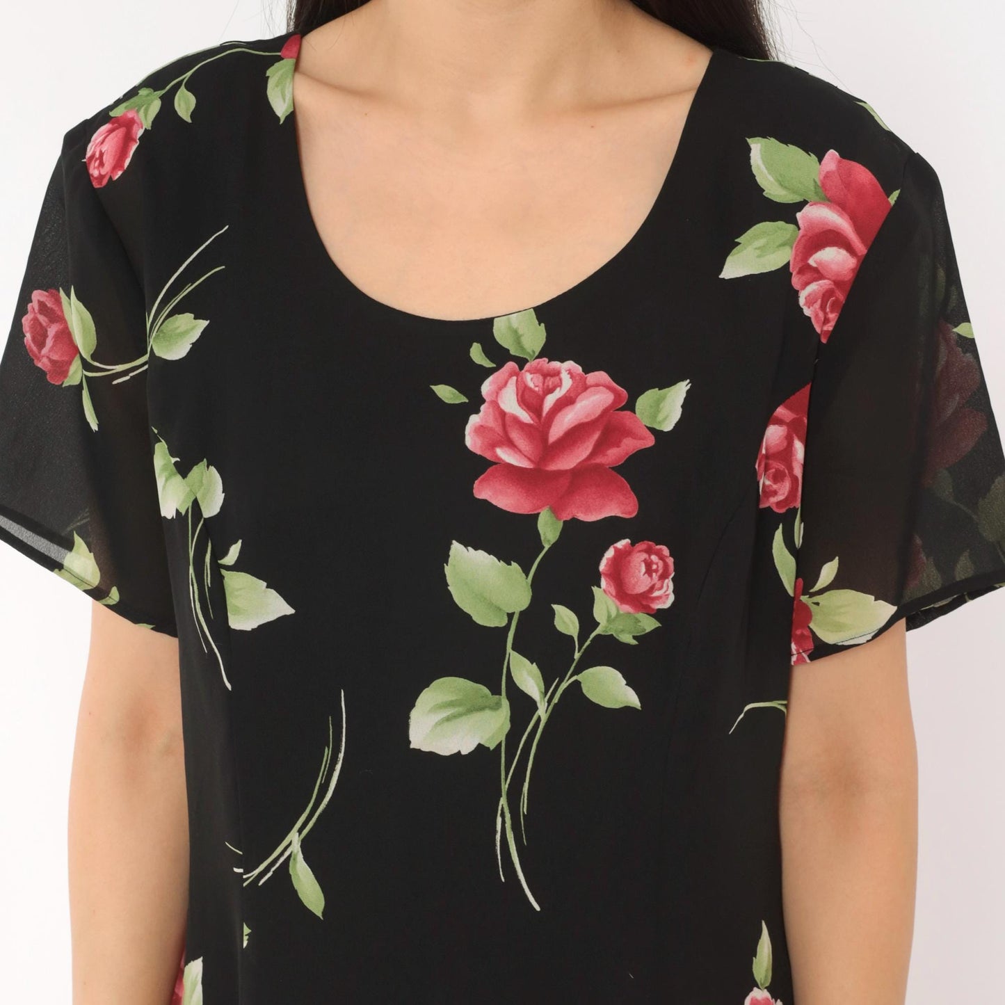90s Black Rose Maxi Dress Floral Chiffon Scoop Neck A-Line Medium M
