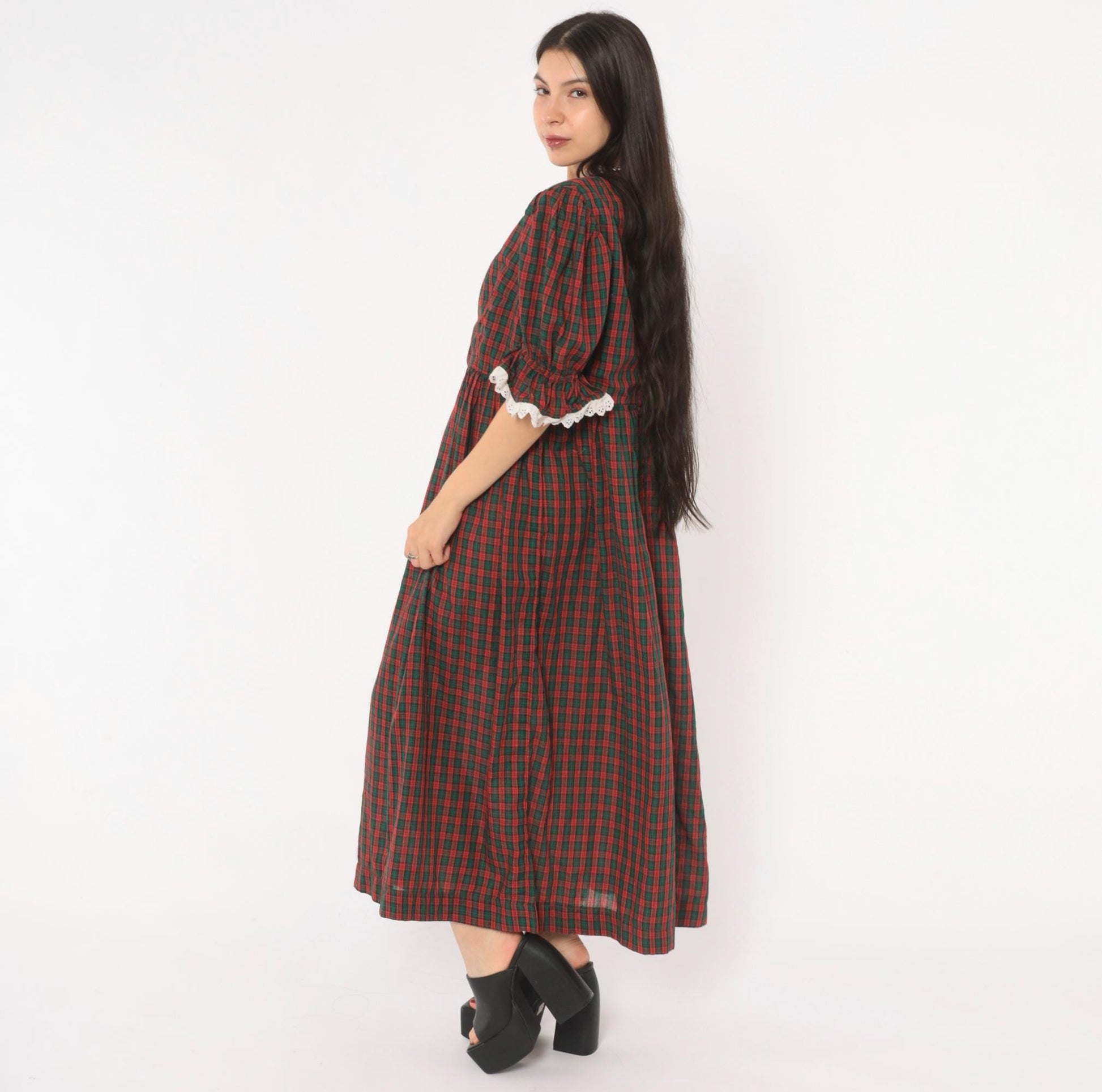 90s Red Green Tartan Maxi Dress Puff Sleeve Eyelet Lace Cotton Large L