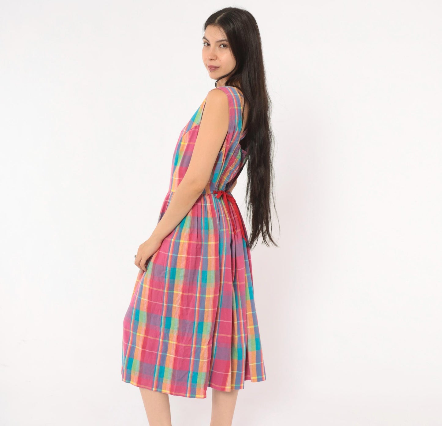 90s Madras Plaid Sundress Pink Turquoise Cotton Button Front Mid-Calf Medium M