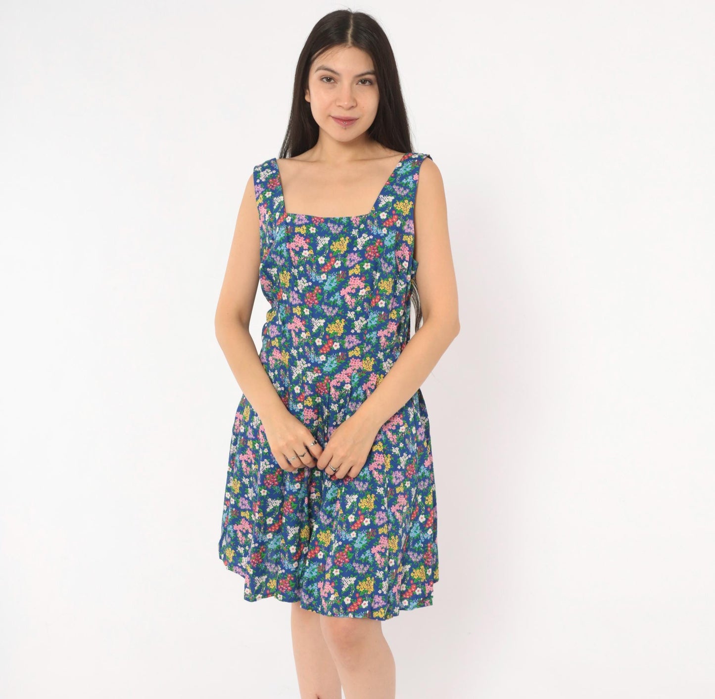 90s Liz Claiborne Floral Sundress Blue Pink Garden Print Mini Medium M