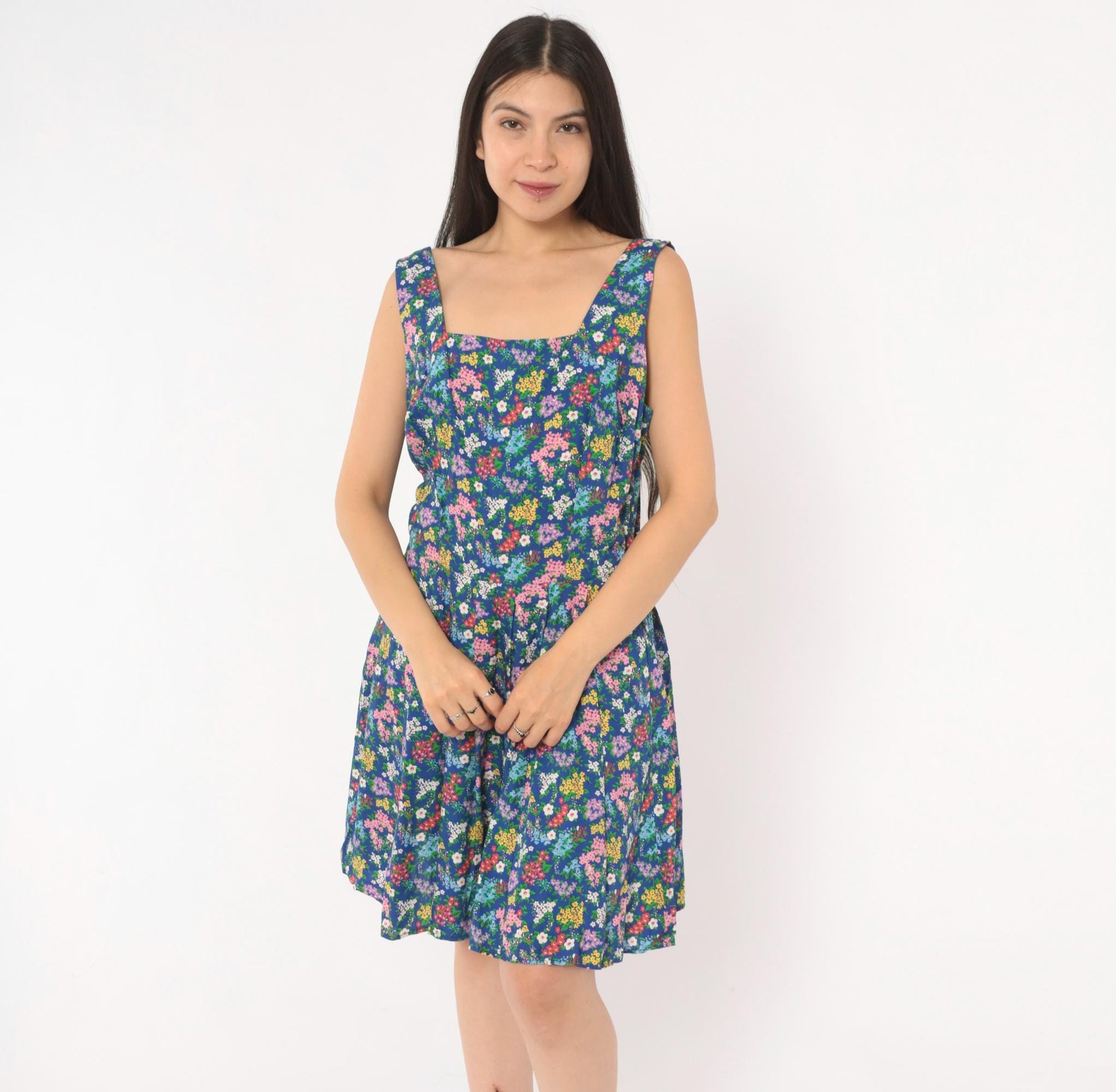 90s Liz Claiborne Floral Sundress Blue Pink Garden Print Mini Medium M