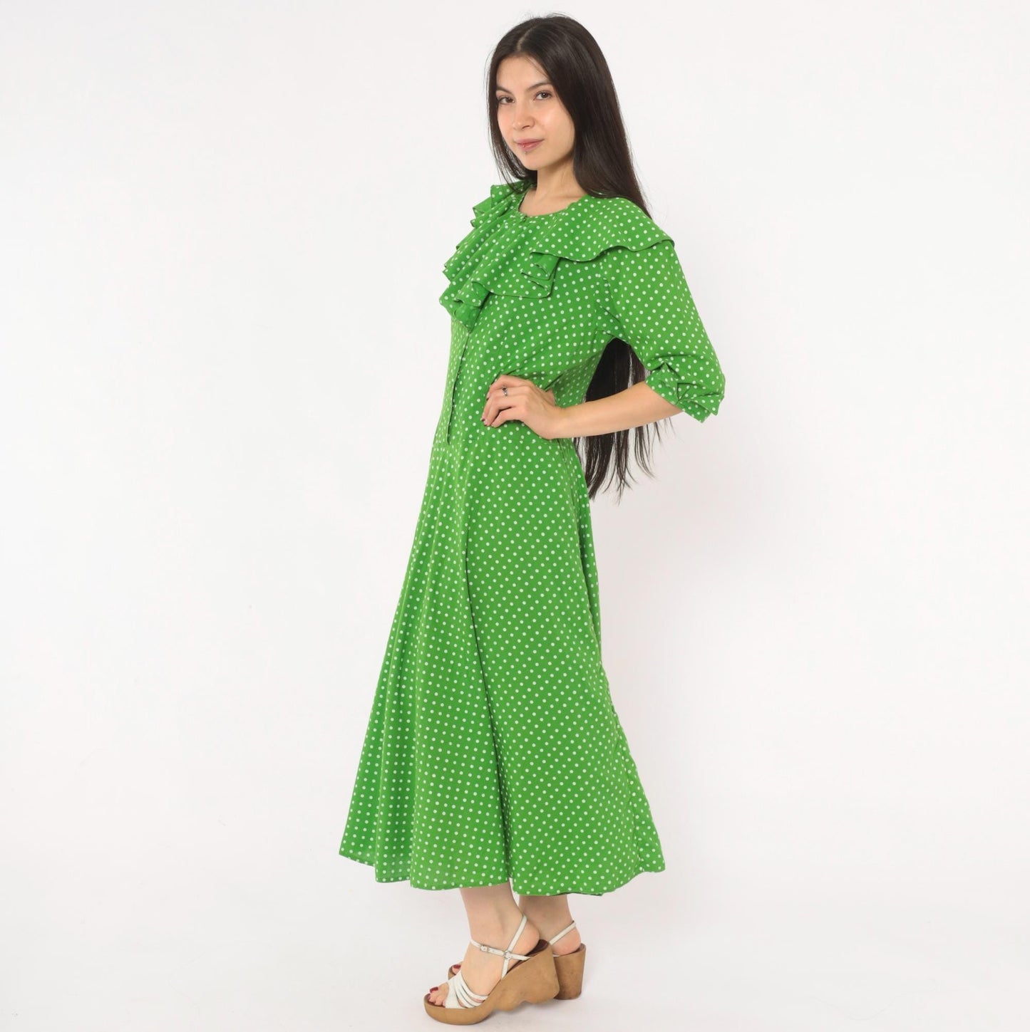 2000s Green White Polka Dot Cotton Midi Dress Ruffle Collar Puff Sleeve Large L