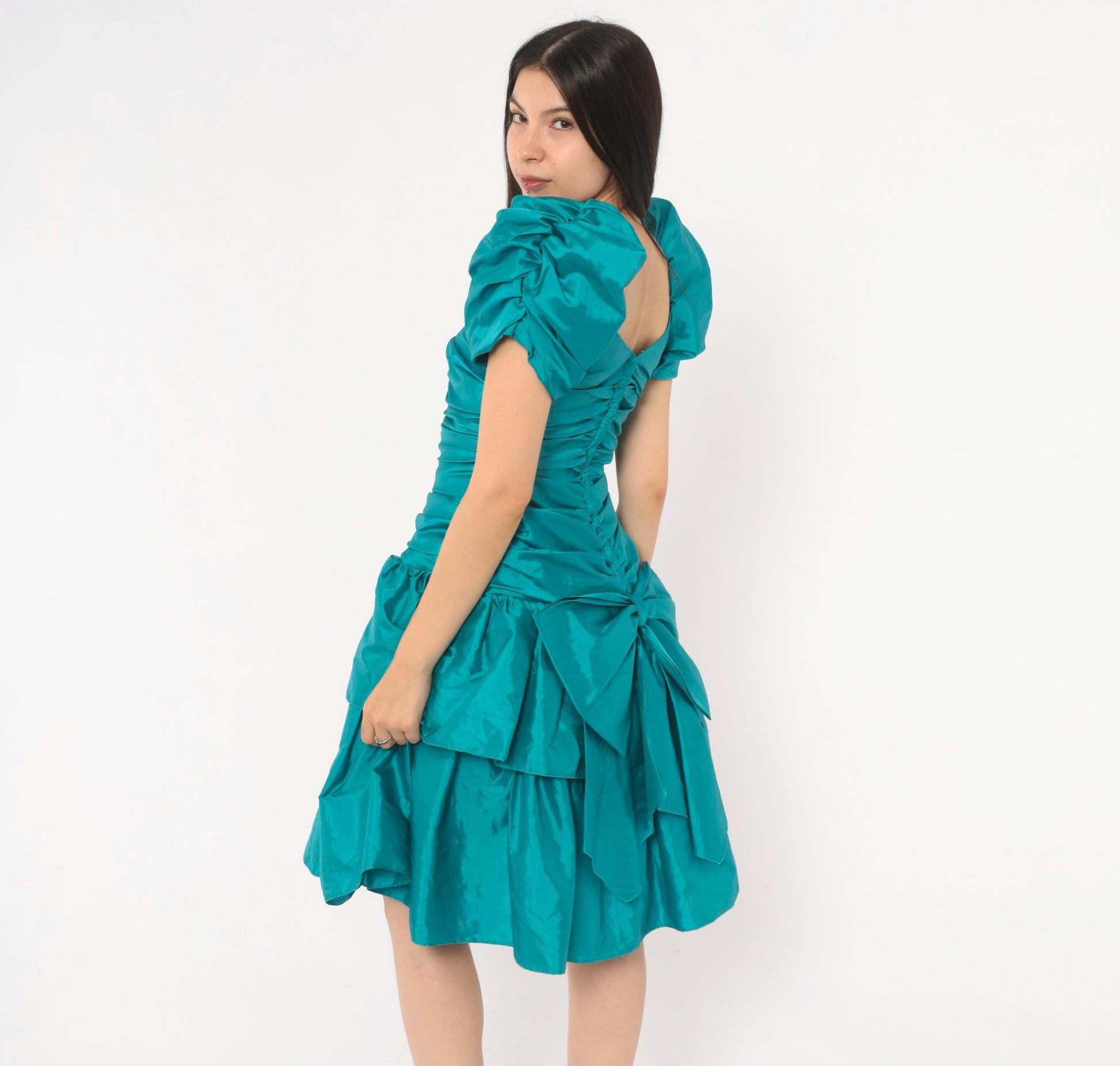 80s Teal Prom Dress Puff Sleeve Sweetheart Neckline Tiered Ruffle Skirt Small S