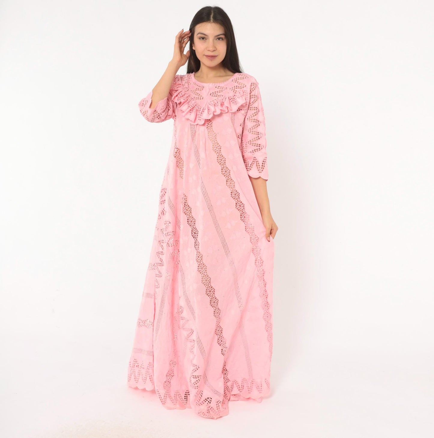 80s Pink Eyelet Lace Maxi Dress Cutwork Embroidered Puff Sleeve Medium M