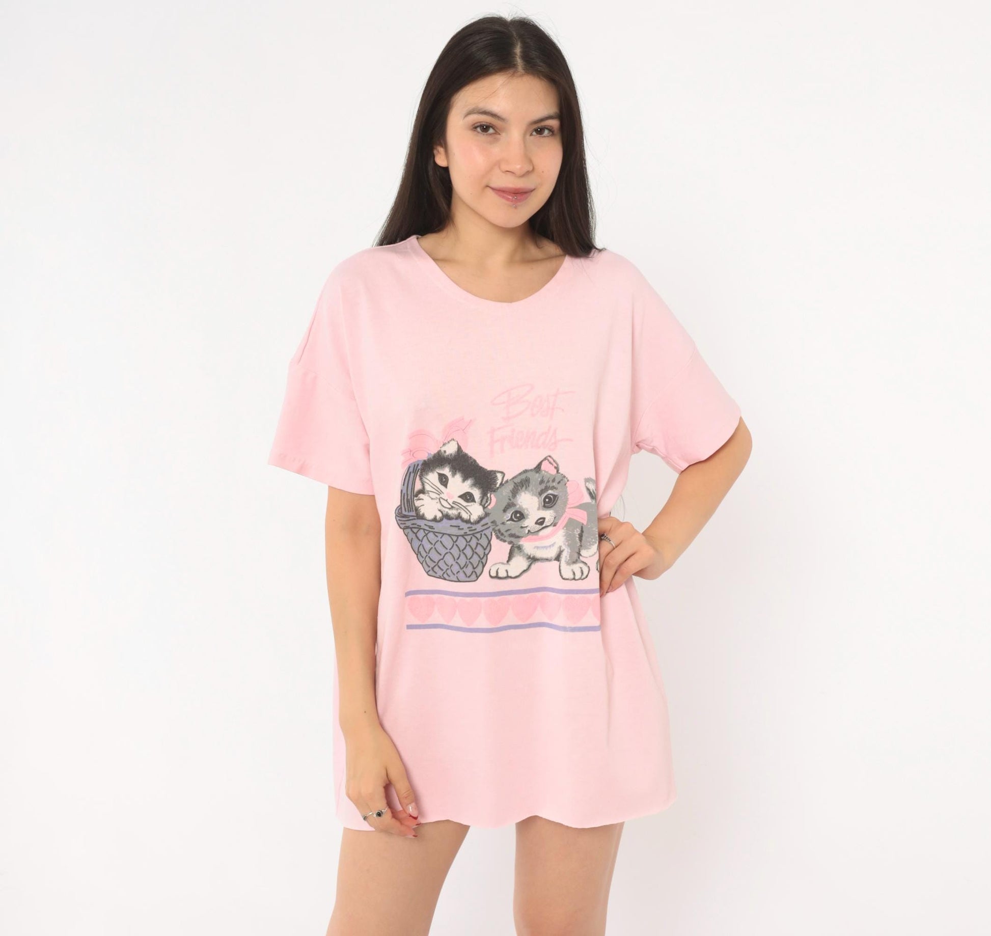 90s Best Friends Kitten Pink Sleep Shirt Cotton Graphic Tee One Size