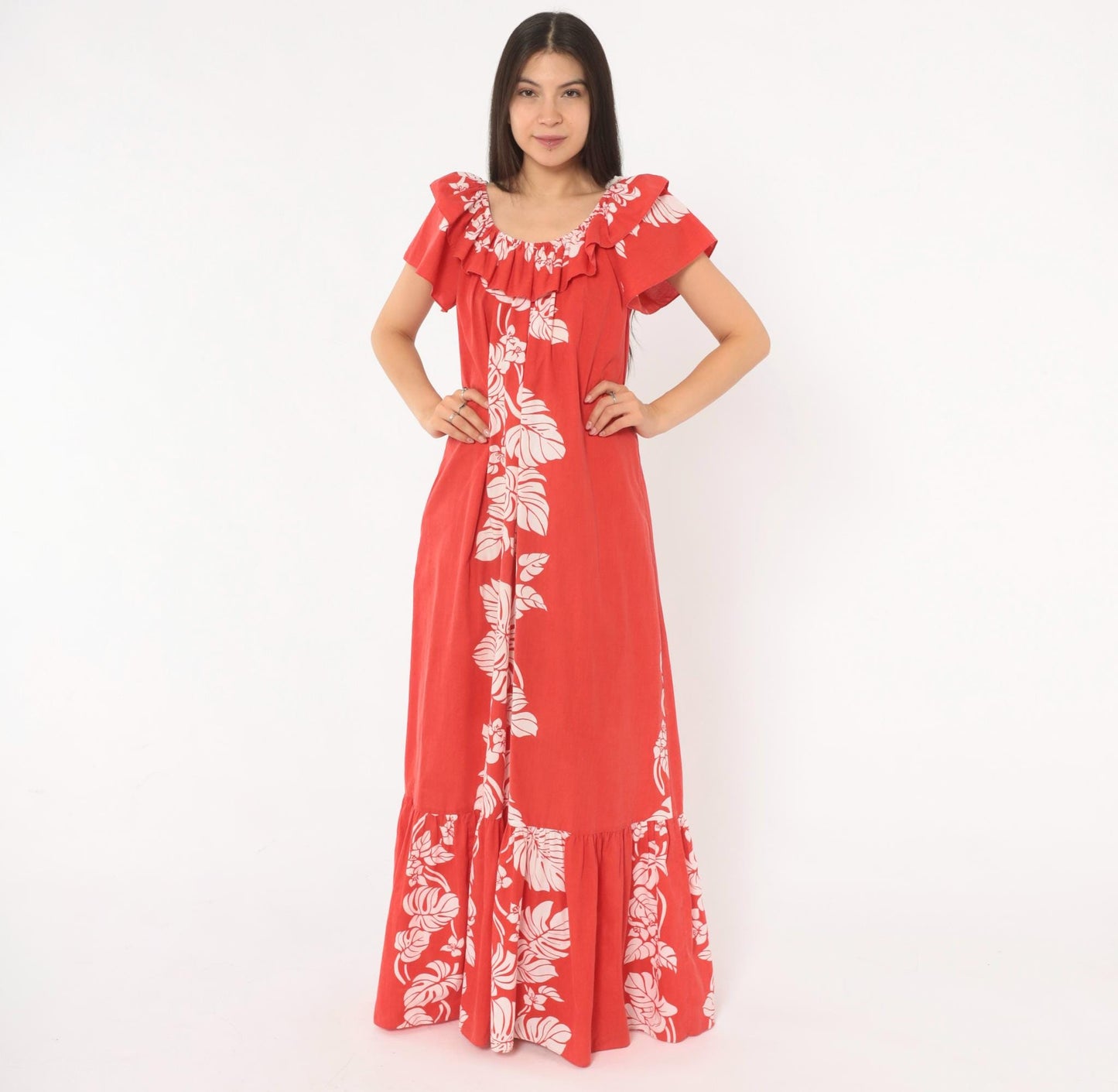 80s Hilo Hattie Hawaiian Muumuu Red Monstera Floral Maxi Dress Large