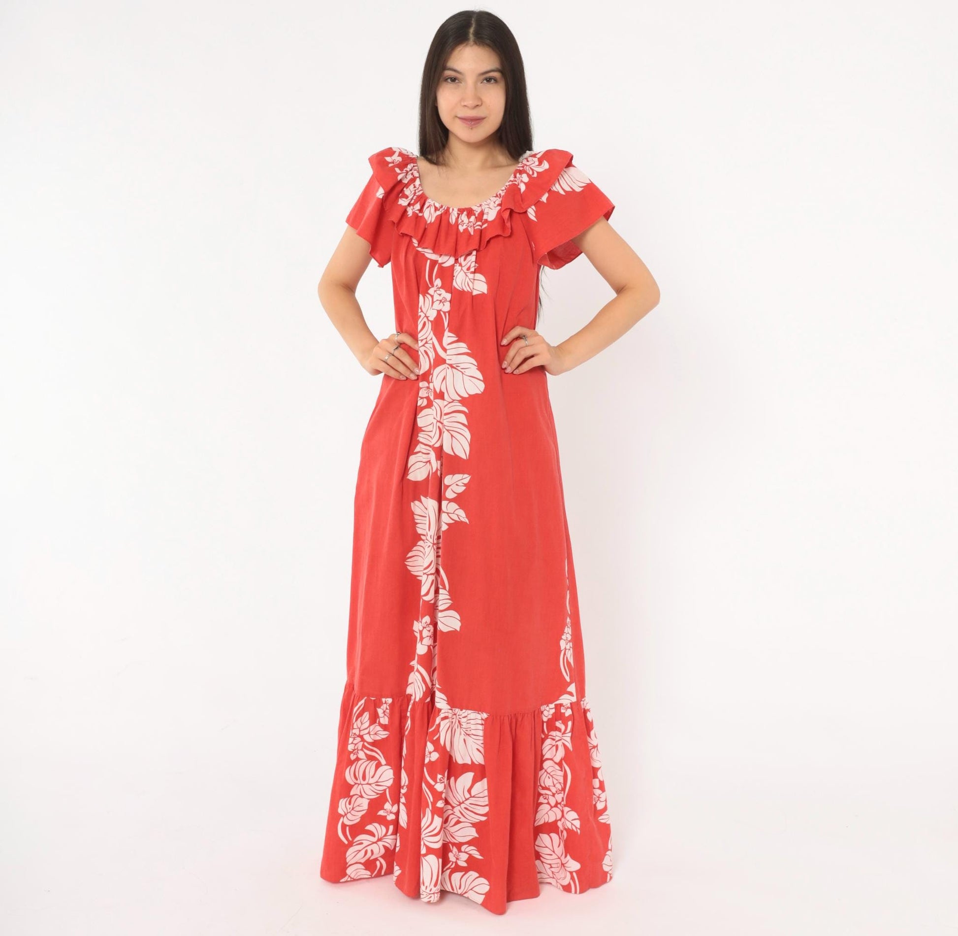 80s Hilo Hattie Hawaiian Muumuu Red Monstera Floral Maxi Dress Large