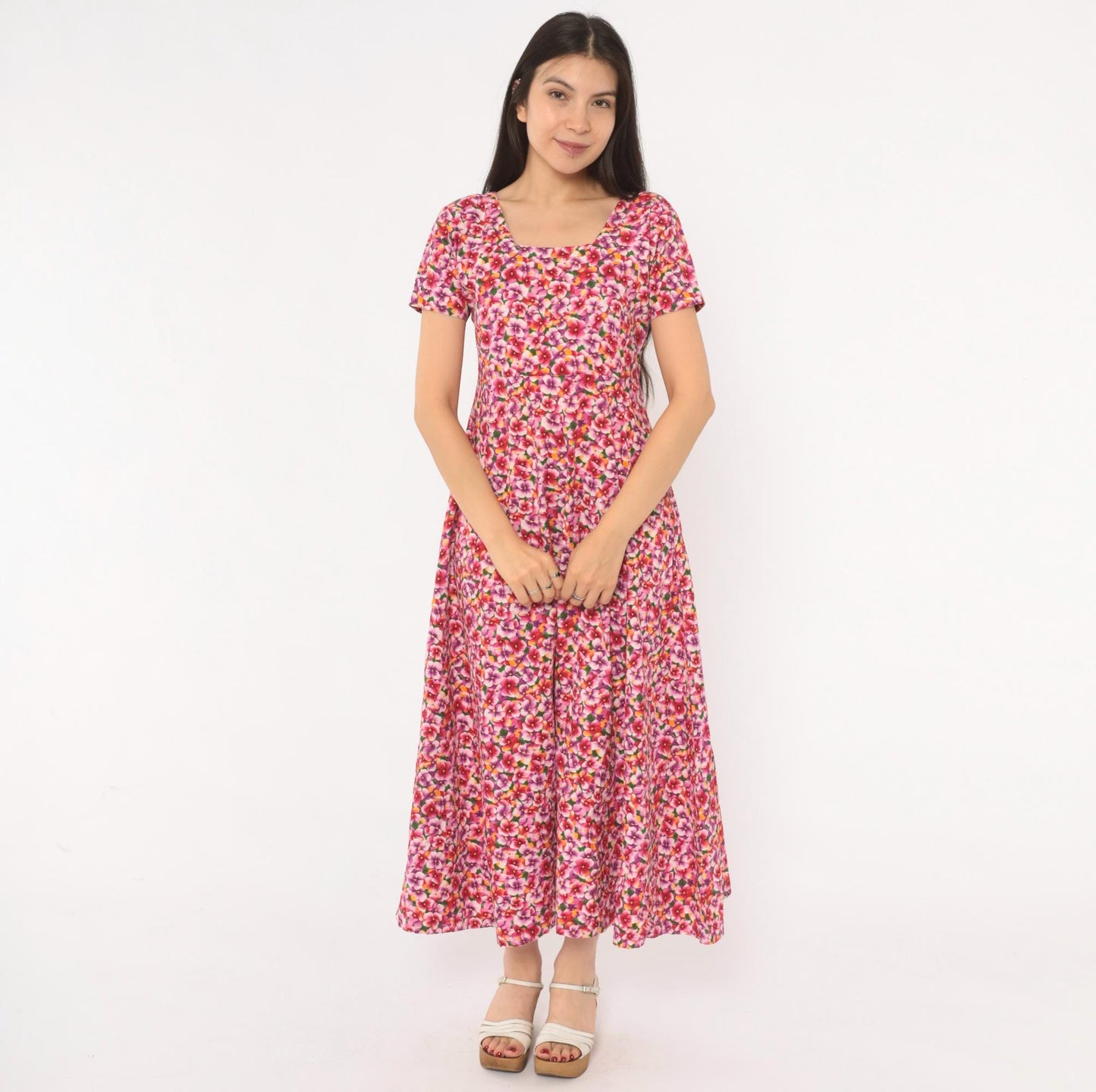90s Pink Purple Floral Maxi Dress Cotton Scoop Neck A-Line Small