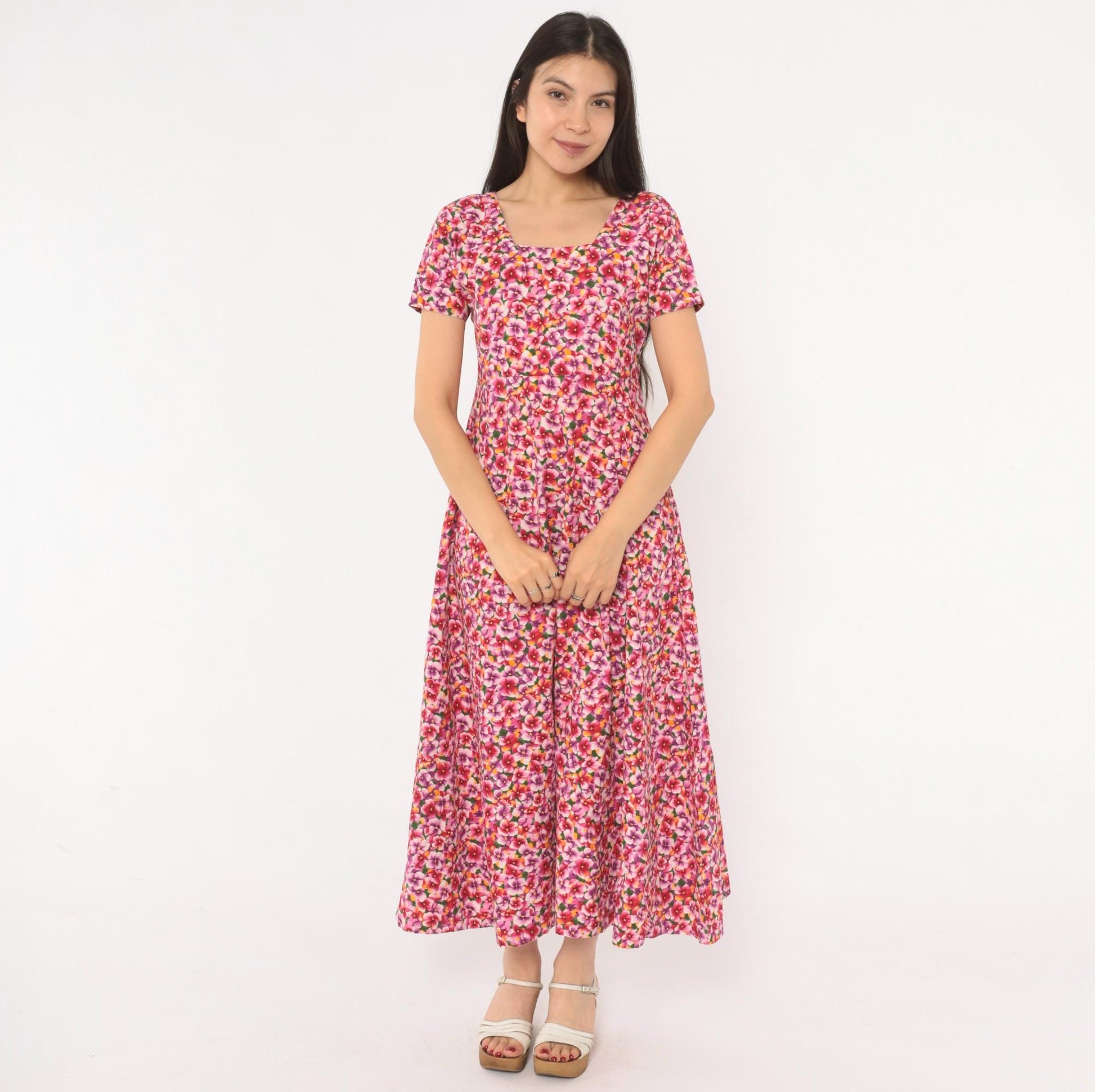 90s Pink Purple Floral Maxi Dress Cotton Scoop Neck A-Line Small