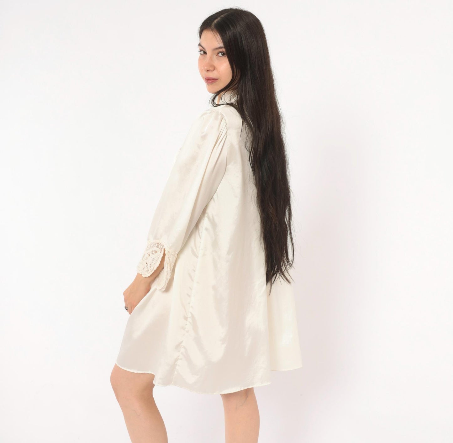 80s Iris Satin Babydoll Robe Cutwork Lace Mandarin Collar Puff Sleeve Cream Large L