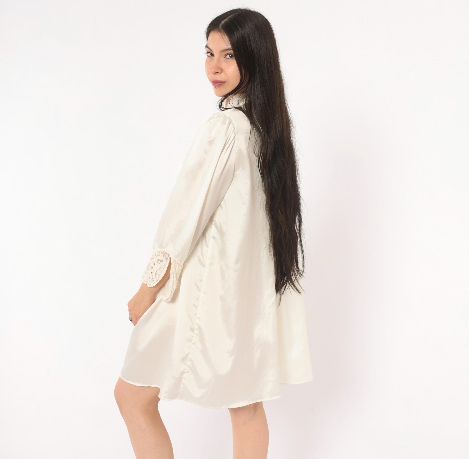 80s Iris Satin Babydoll Robe Cutwork Lace Mandarin Collar Puff Sleeve Cream Large L