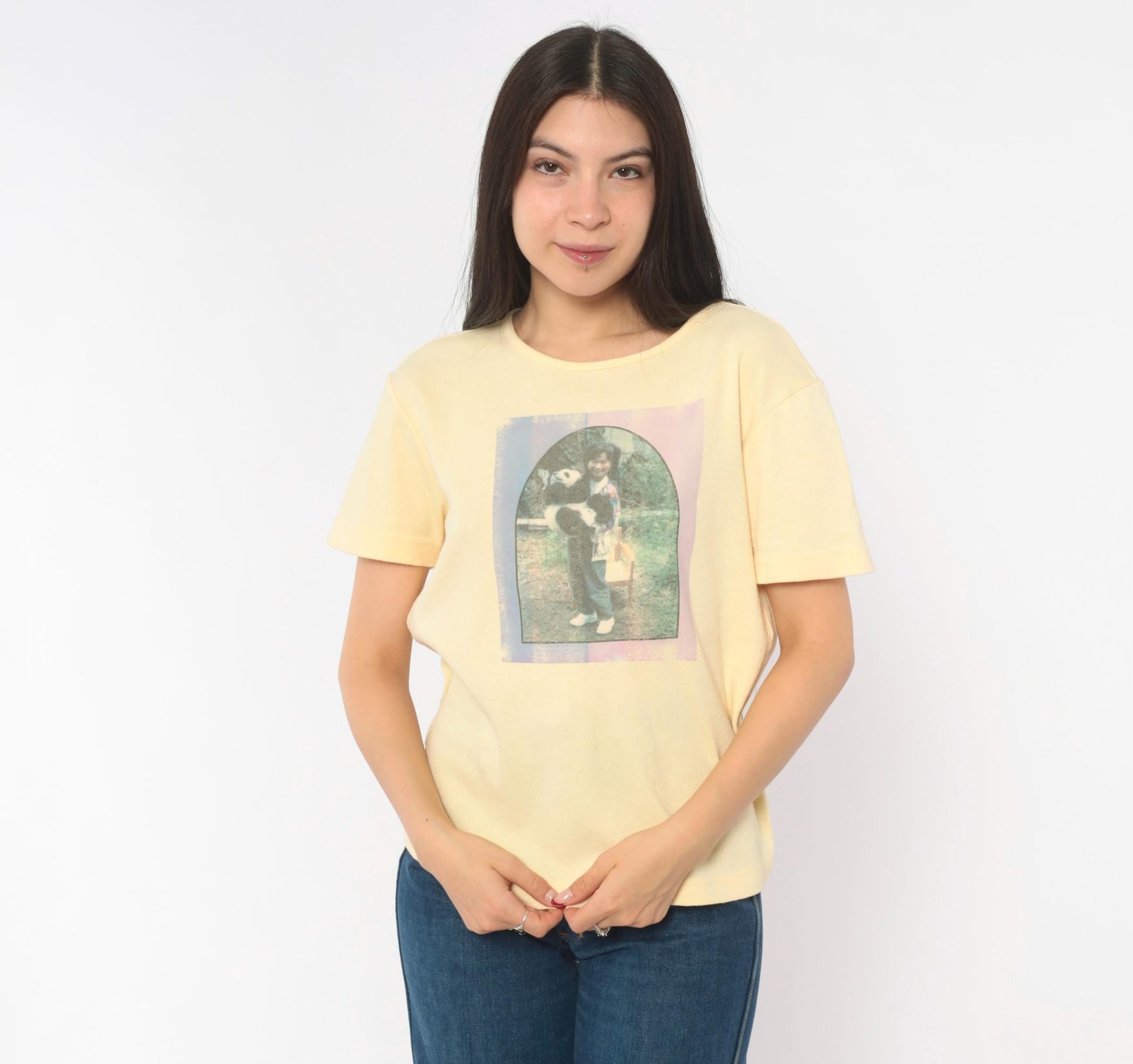 90s Basic Editions Panda Photo Print Tee Butter Yellow Heart Graphic Small