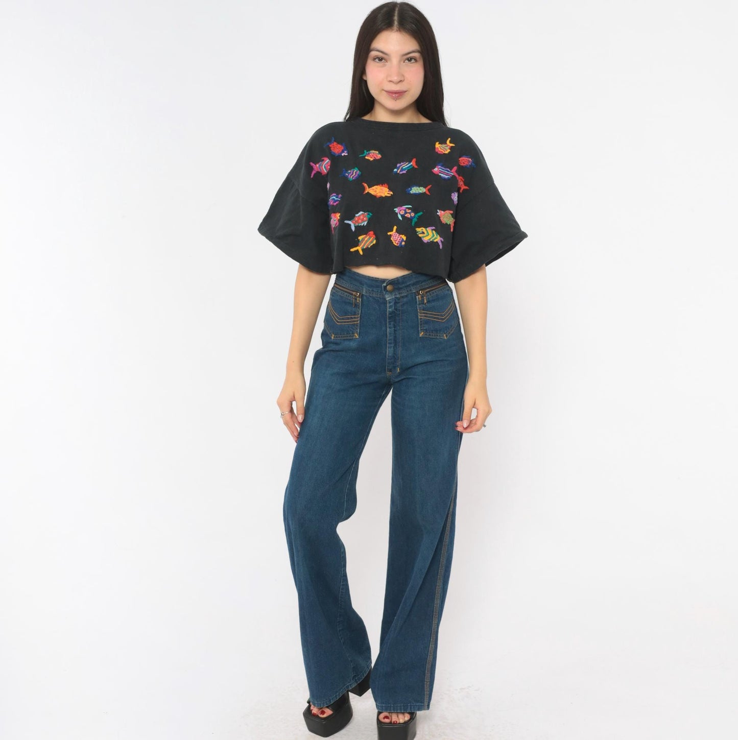 90s Las Manos Embroidered Fish Crop Top Black Cotton Rainbow Tropical Medium