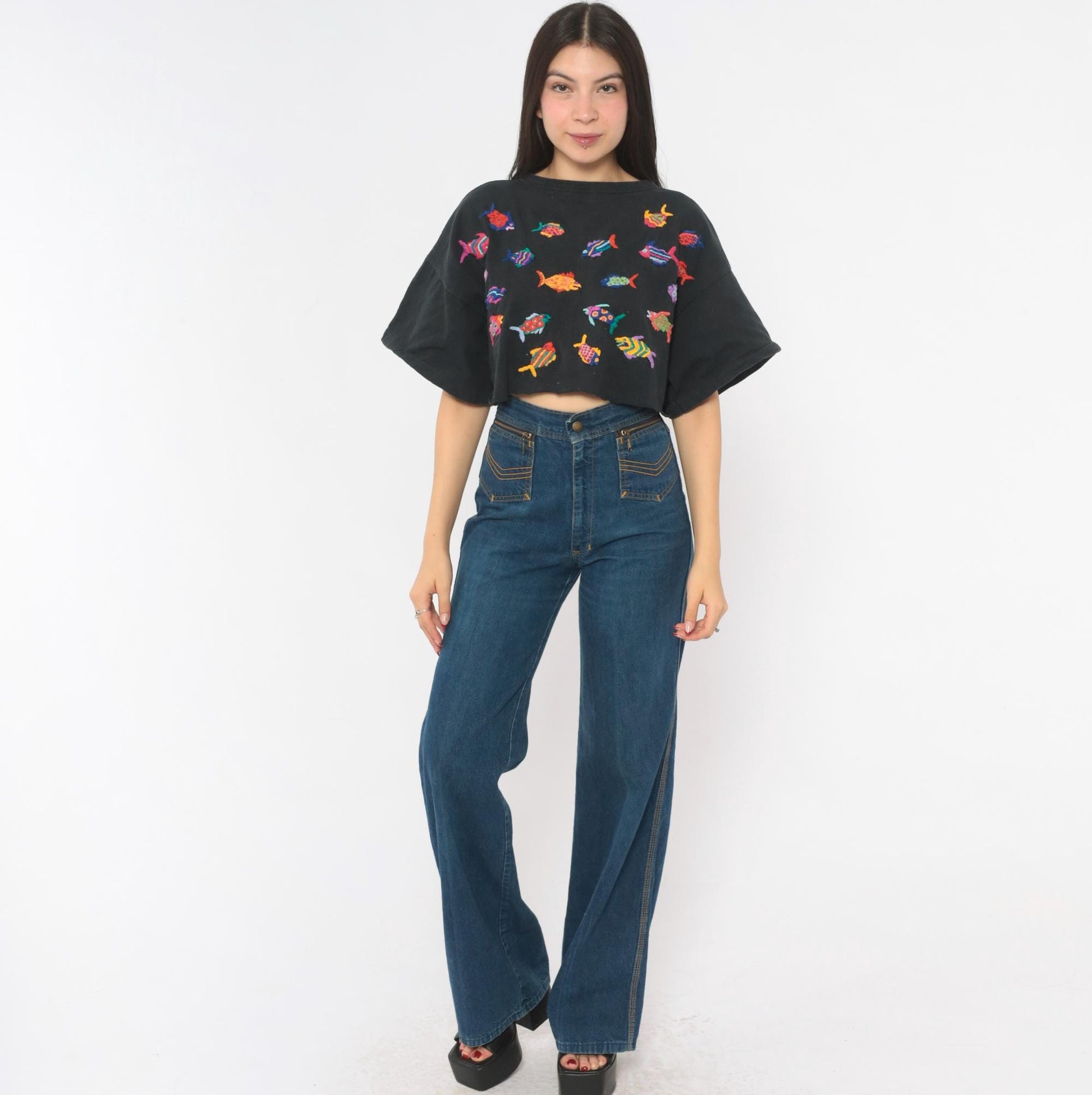 90s Las Manos Embroidered Fish Crop Top Black Cotton Rainbow Tropical Medium