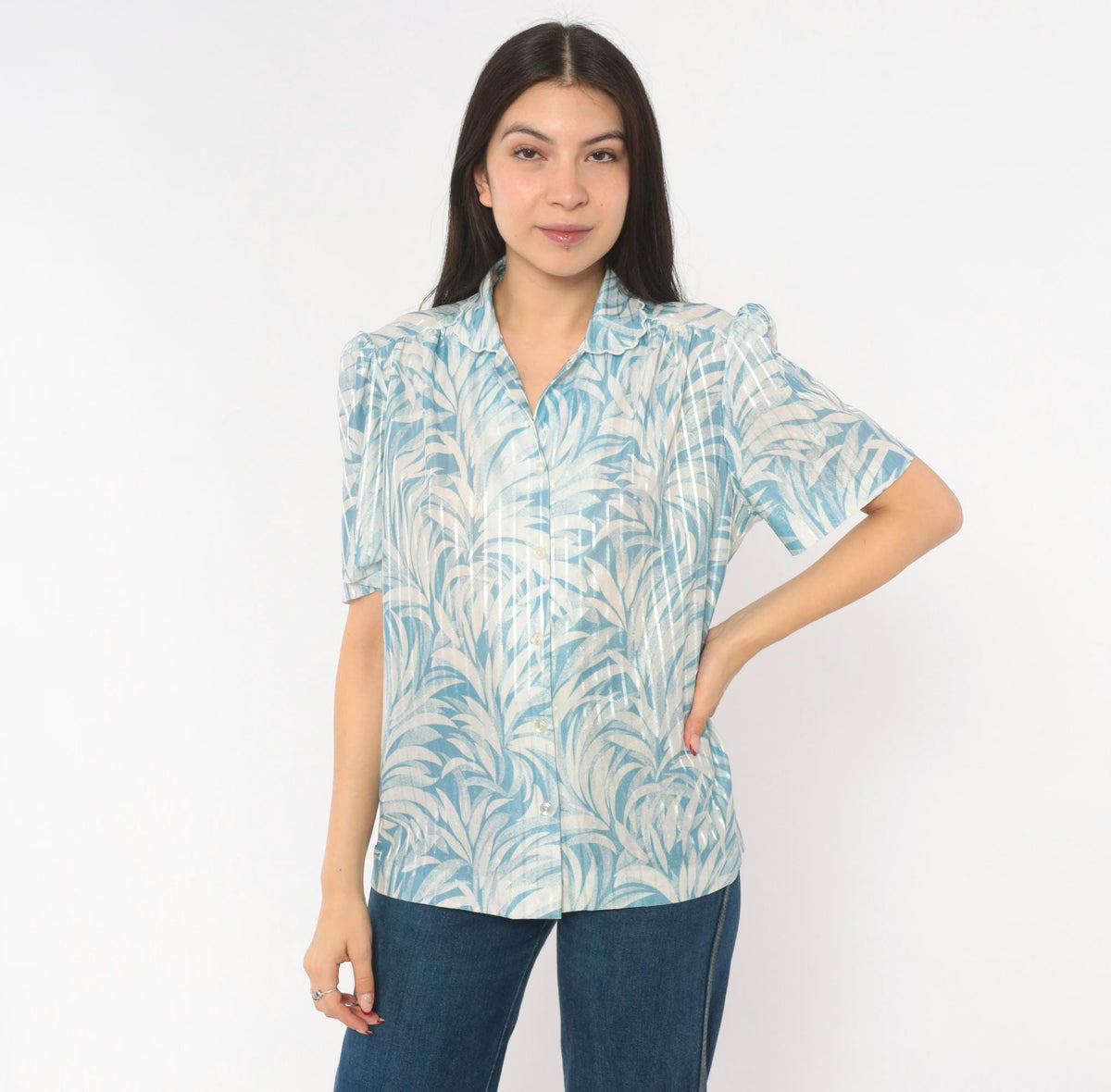 70s Graff Palm Leaf Blouse Blue White Tropical Print Button-Up Medium