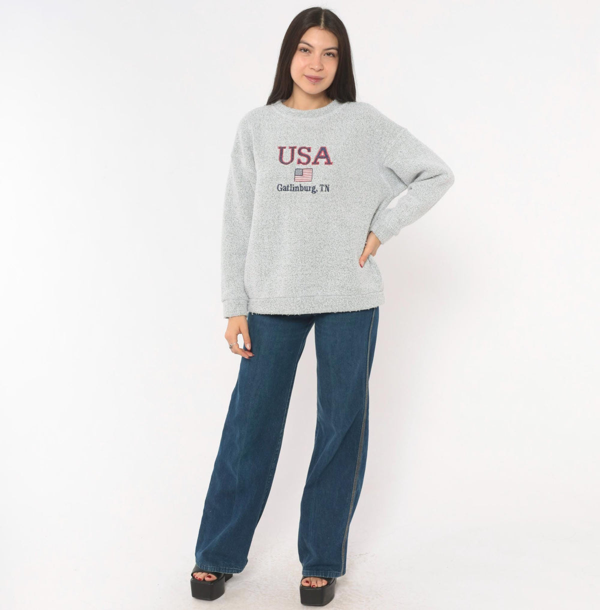 90s Gatlinburg Tennessee USA Flag Embroidered Grey Knit Pullover Medium M