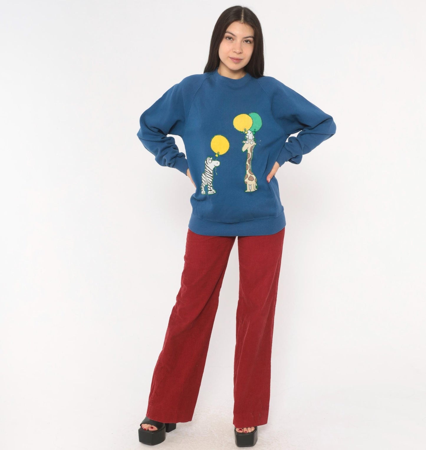 90s Jerzees Zebra Giraffe Balloon Sweatshirt Blue Raglan Applique Cotton Large