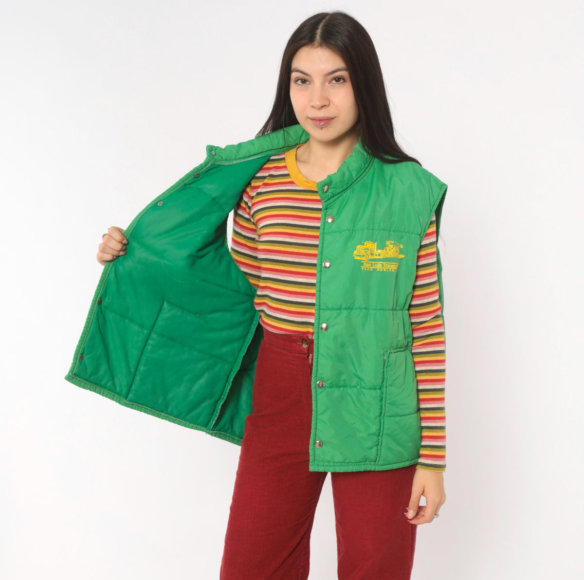 80s Green Puffer Vest San Luis Transport Graphic Snap Front Quilted Medium